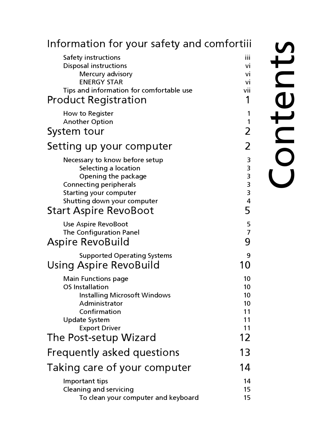 Acer R3600, SYSTEM manual Contents 