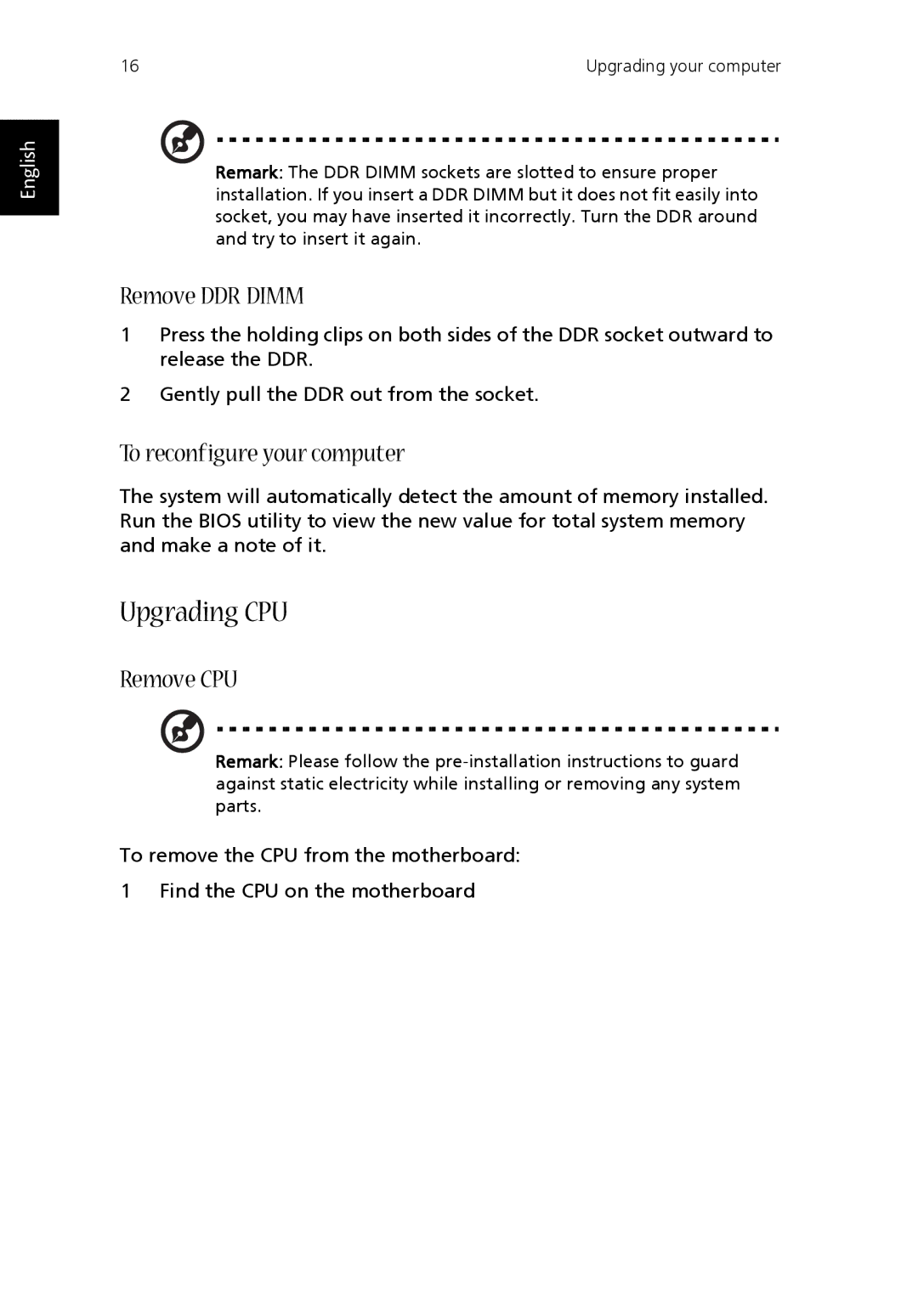 Acer T100 manual Upgrading CPU, Remove DDR Dimm, To reconfigure your computer, Remove CPU 