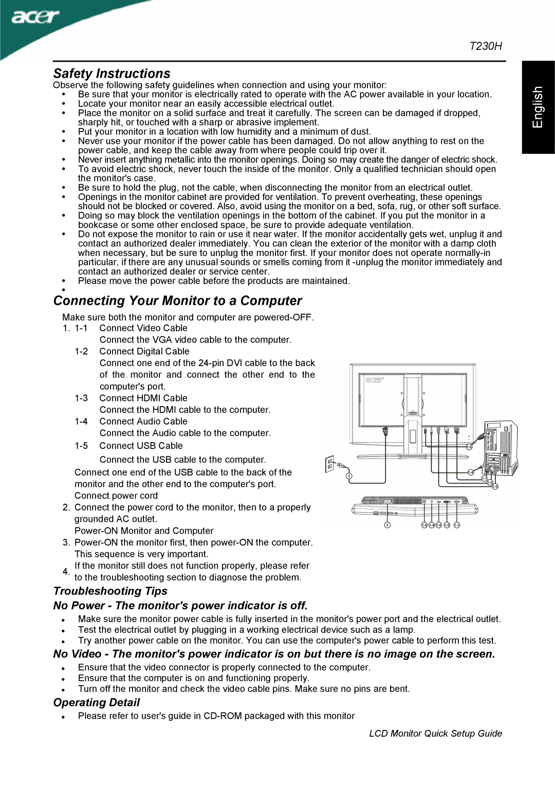 Acer T230H setup guide Safety Instructions 