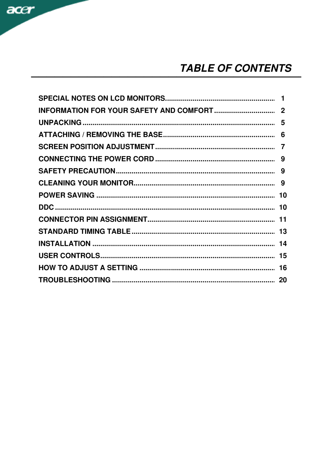 Acer T230H manual Table of Contents 