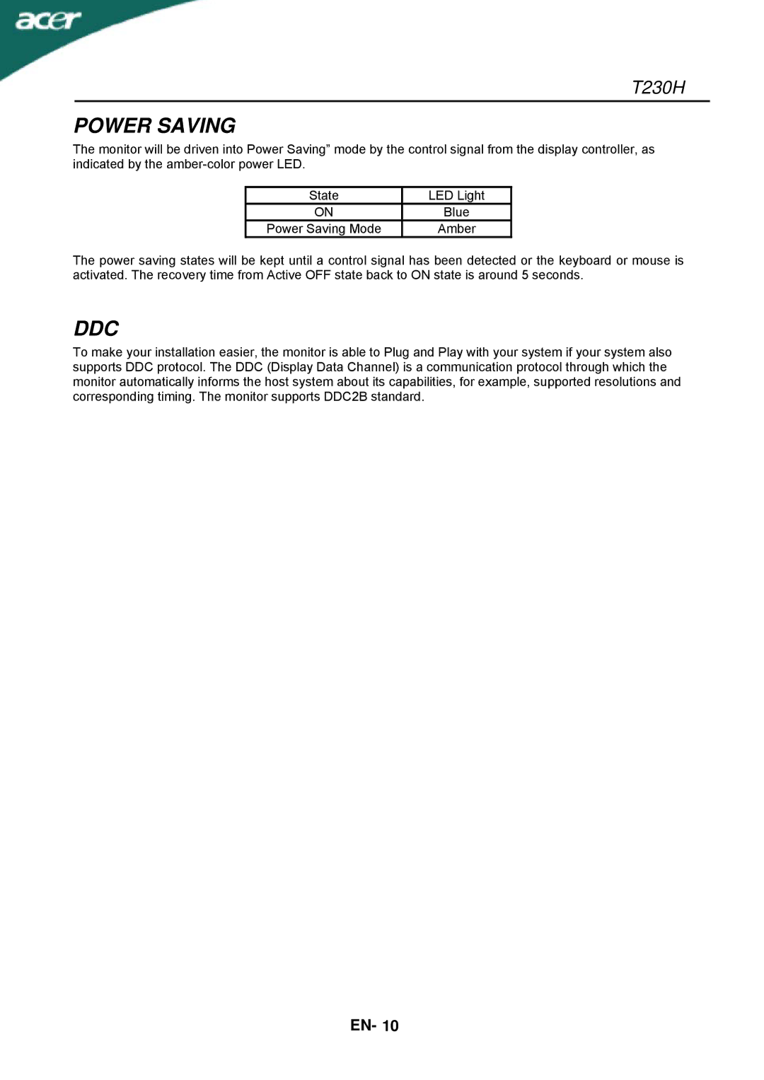 Acer T230H manual Power Saving, Ddc 