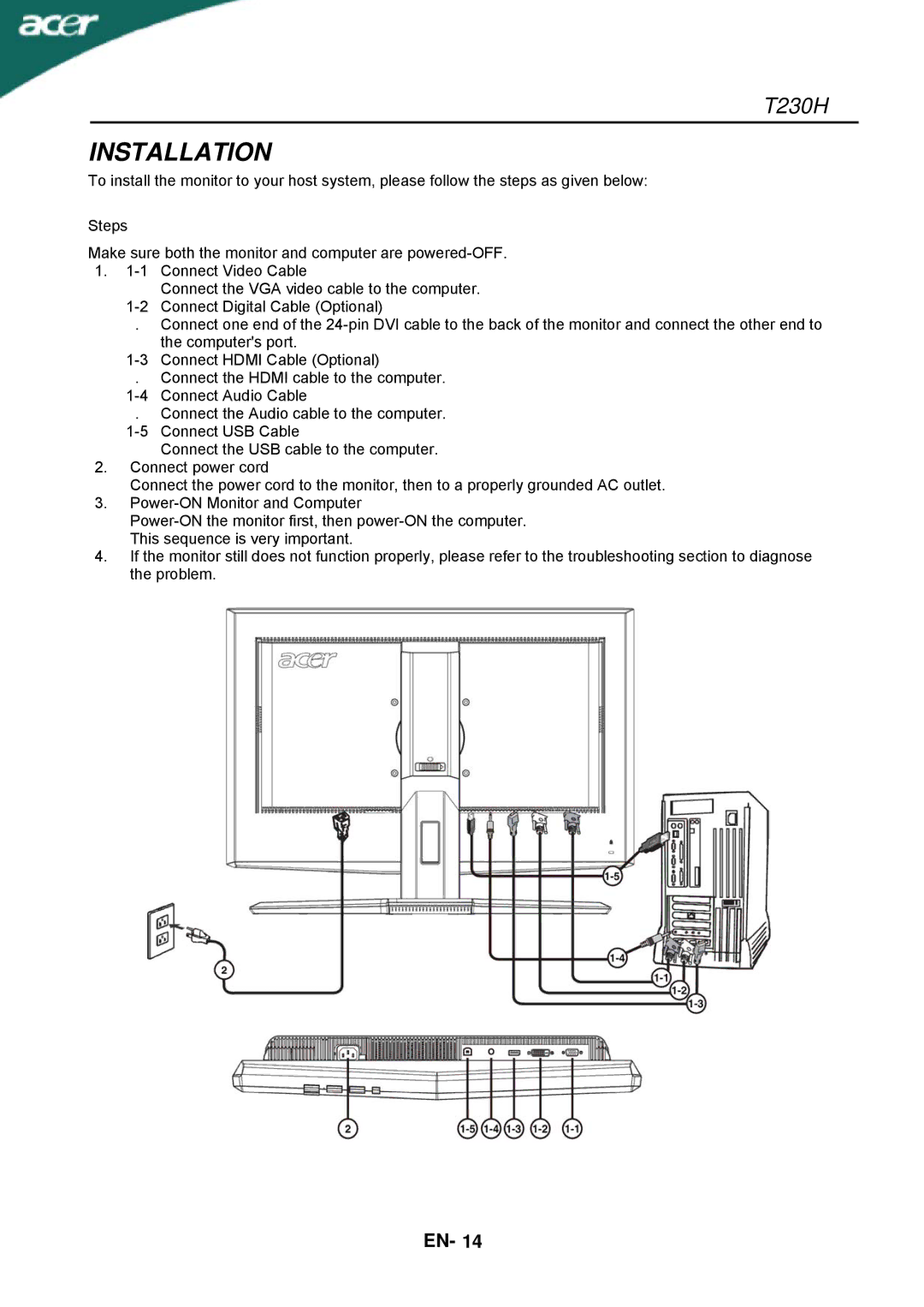 Acer T230H manual Installation 