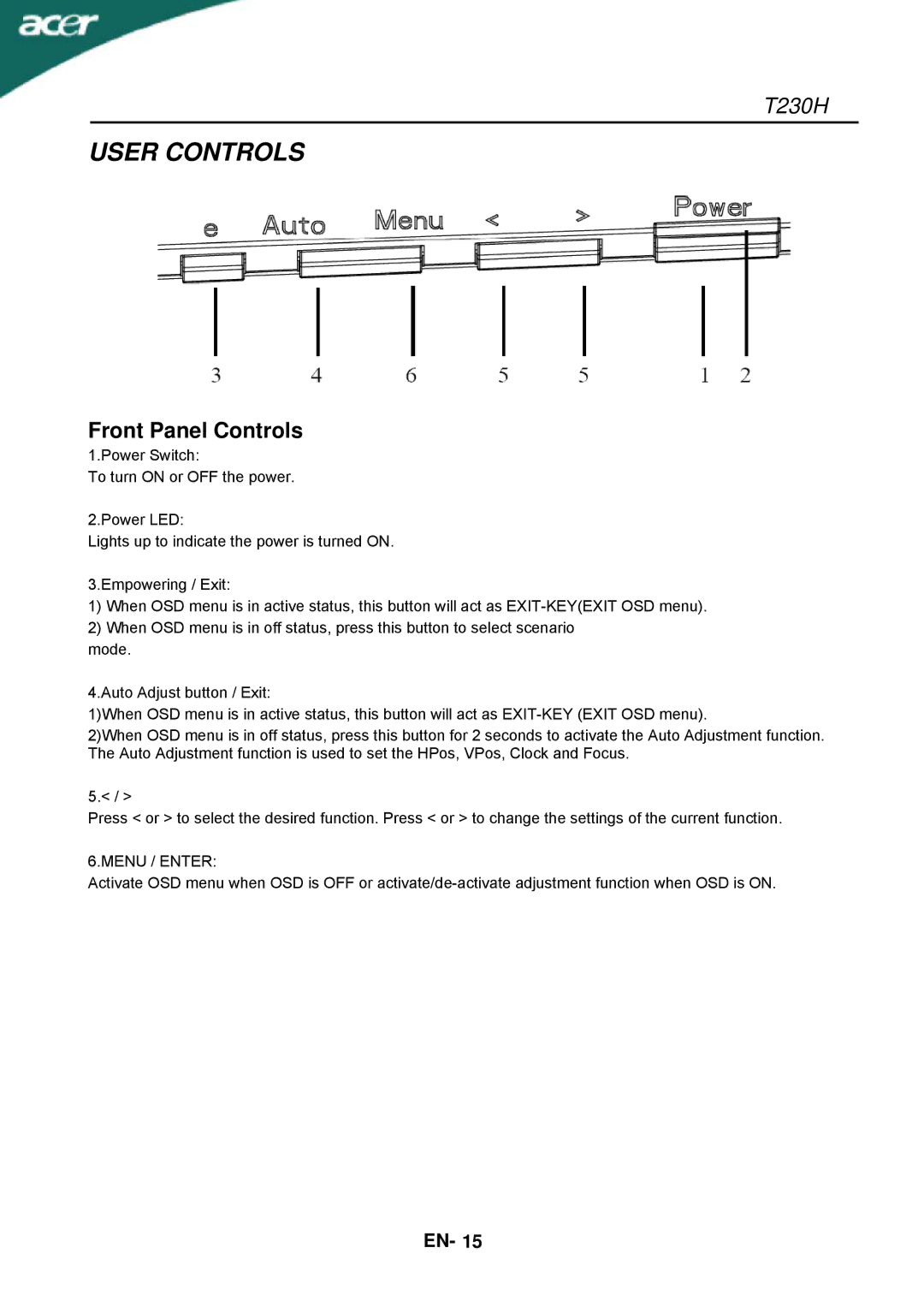 Acer T230H manual User Controls, Front Panel Controls, Menu / Enter 