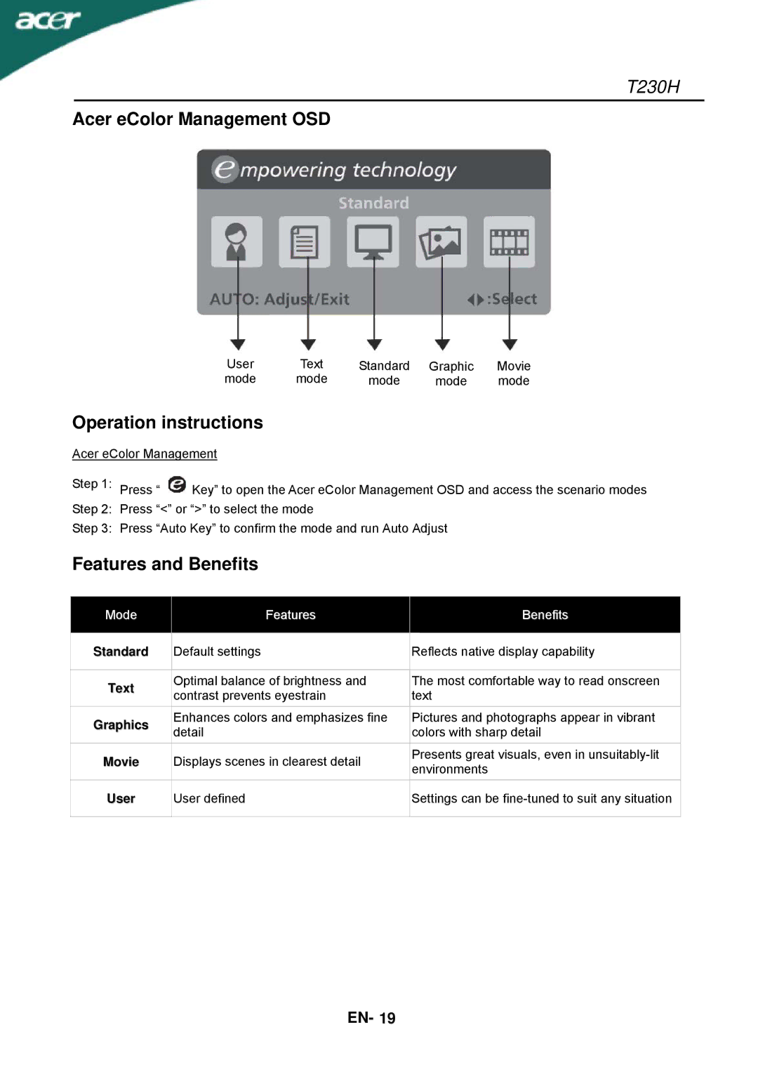 Acer T230H manual Acer eColor Management OSD, Operation instructions, Features and Benefits 