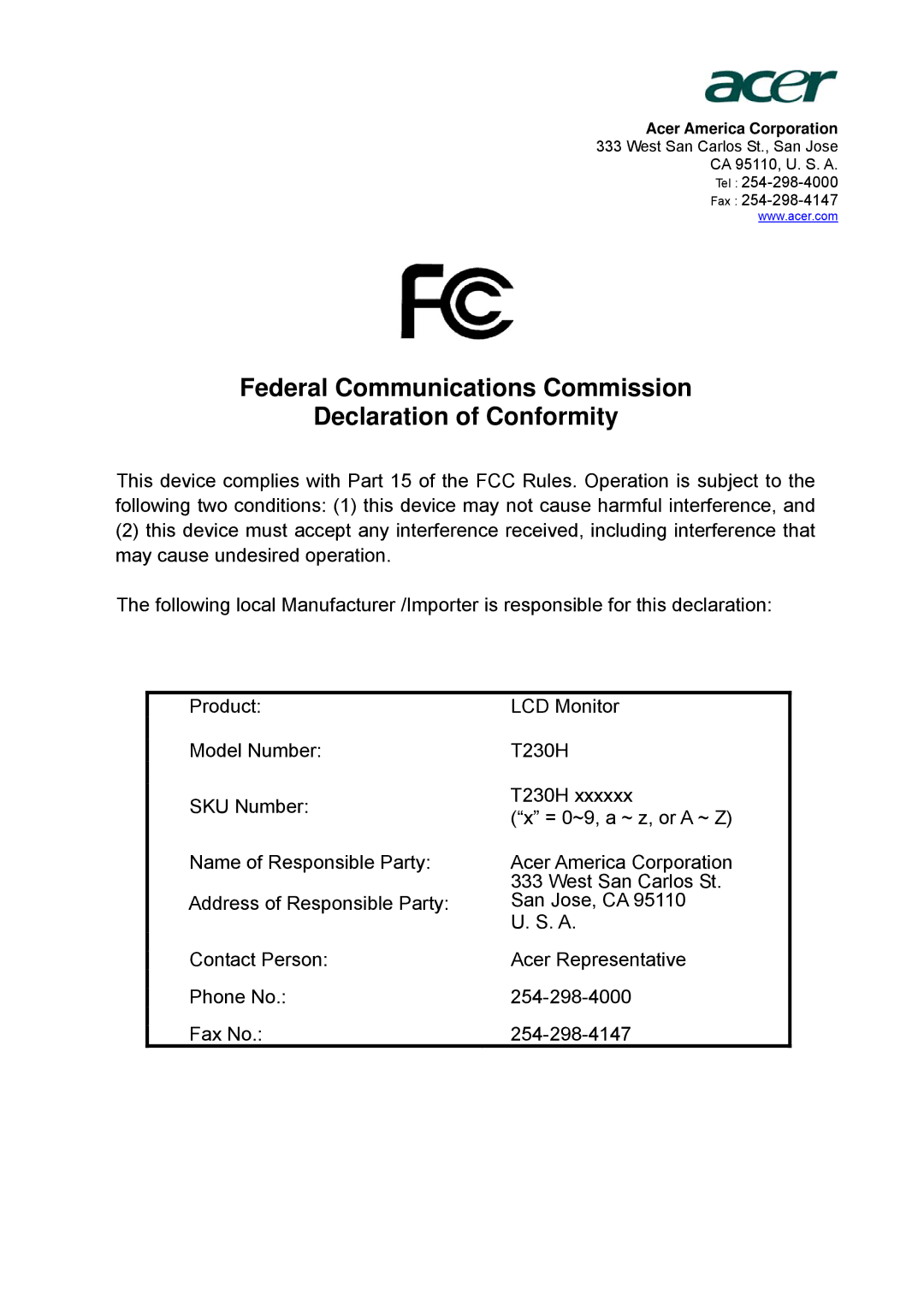 Acer T230H manual Federal Communications Commission Declaration of Conformity, Acer America Corporation 