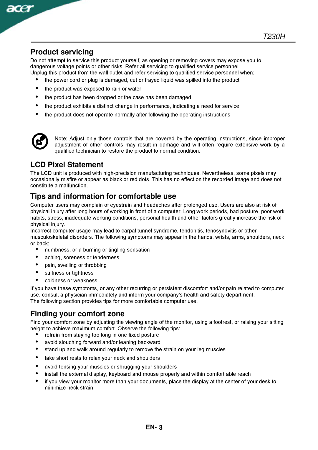 Acer T230H Product servicing, LCD Pixel Statement, Tips and information for comfortable use, Finding your comfort zone 