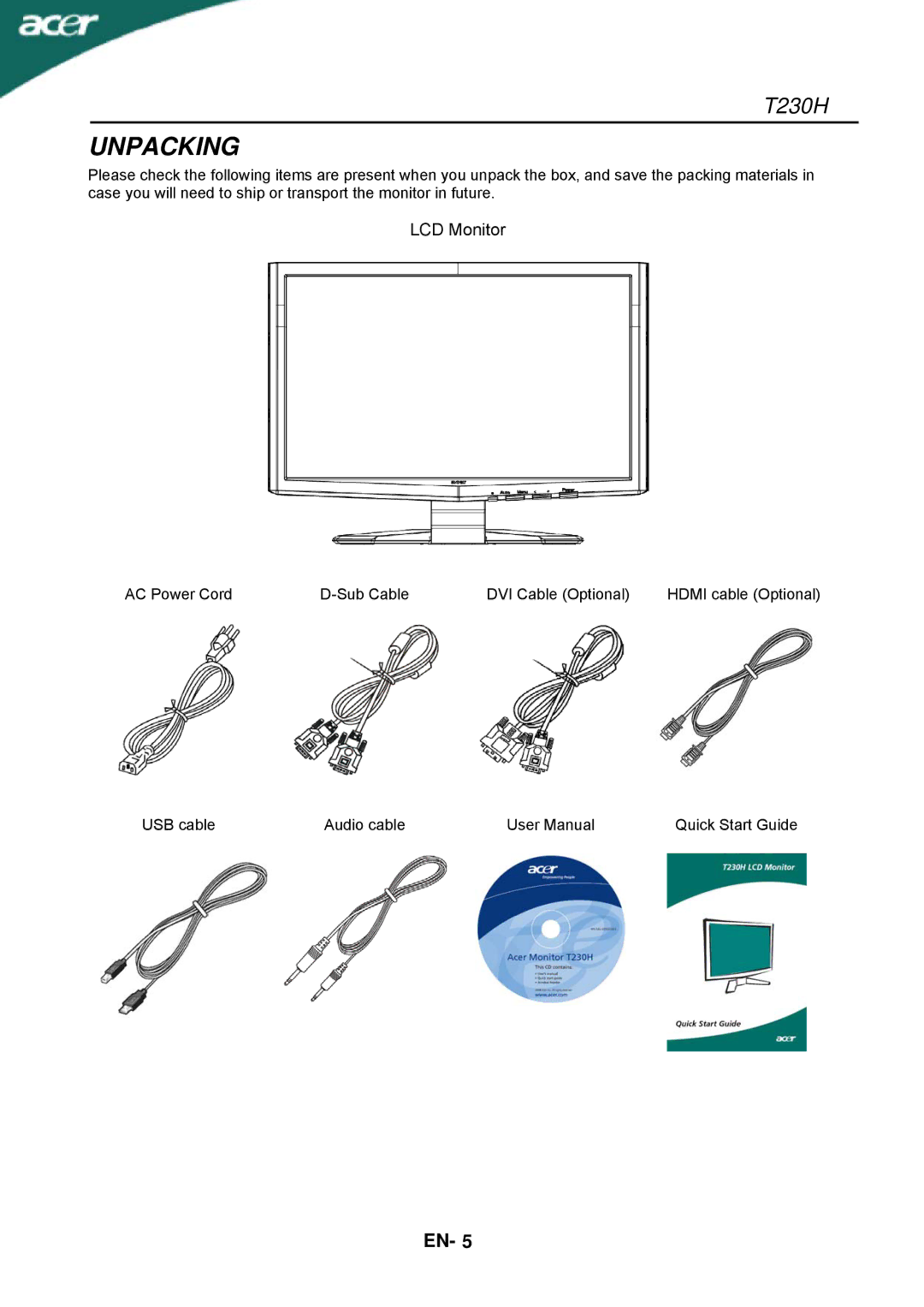 Acer T230H manual Unpacking, LCD Monitor 