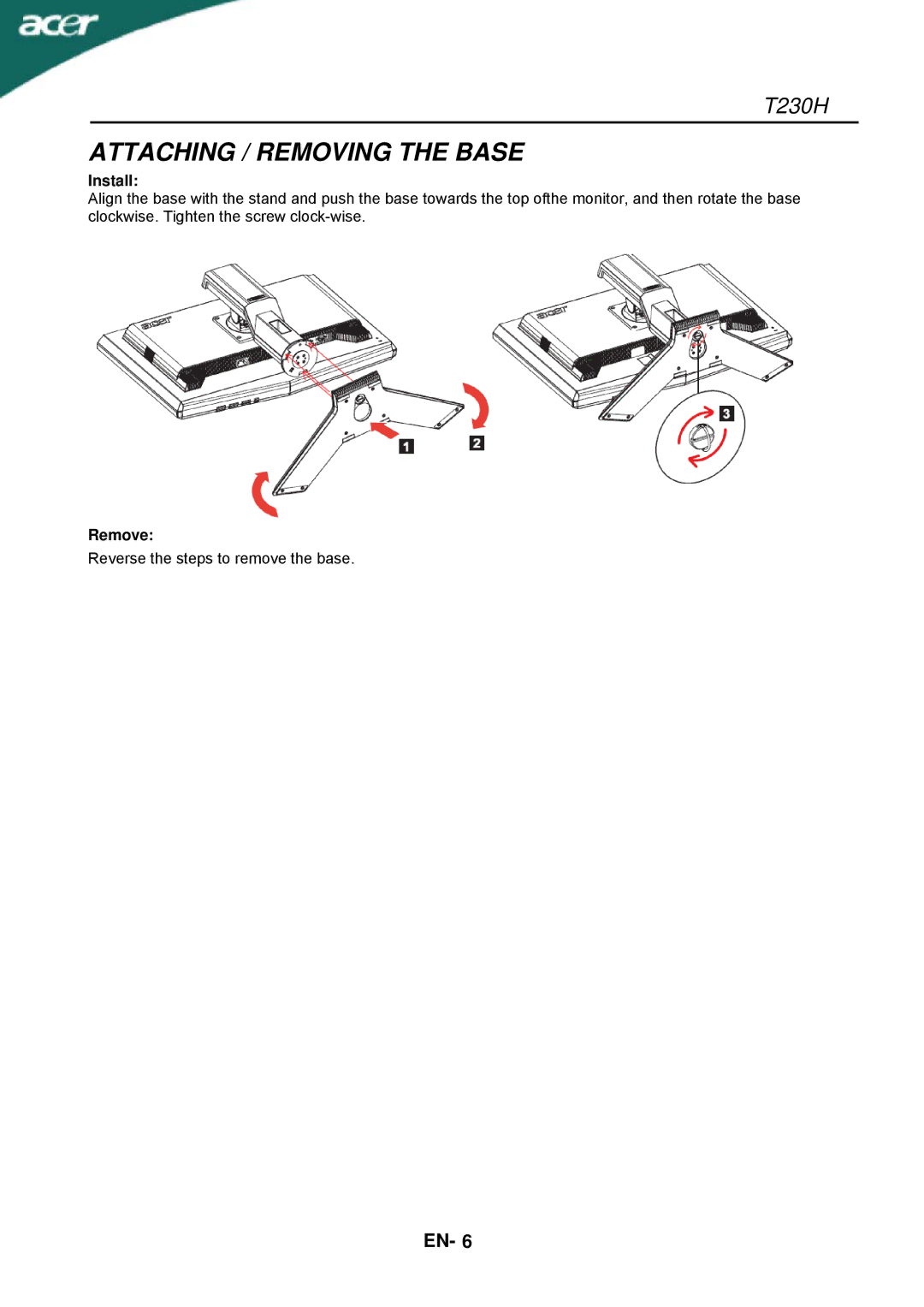 Acer T230H manual Attaching / Removing the Base, Install, Remove 