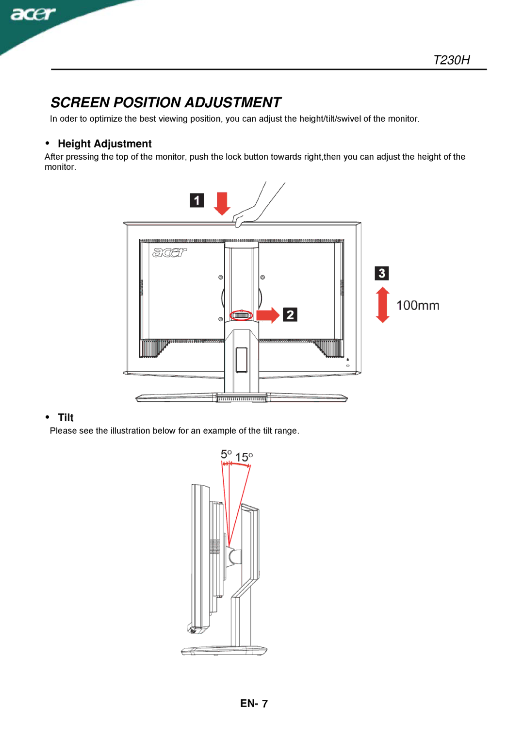 Acer T230H manual Screen Position Adjustment,  Height Adjustment,  Tilt 