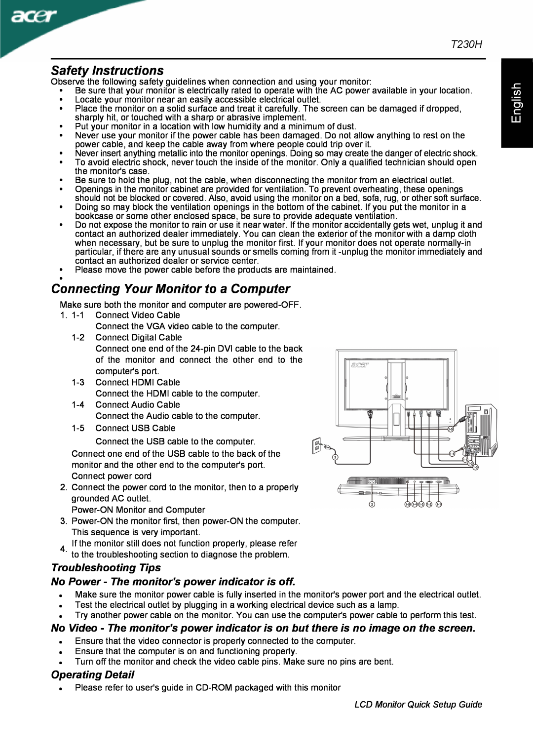 Acer T230H setup guide English, Safety Instructions, Connecting Your Monitor to a Computer, Operating Detail 