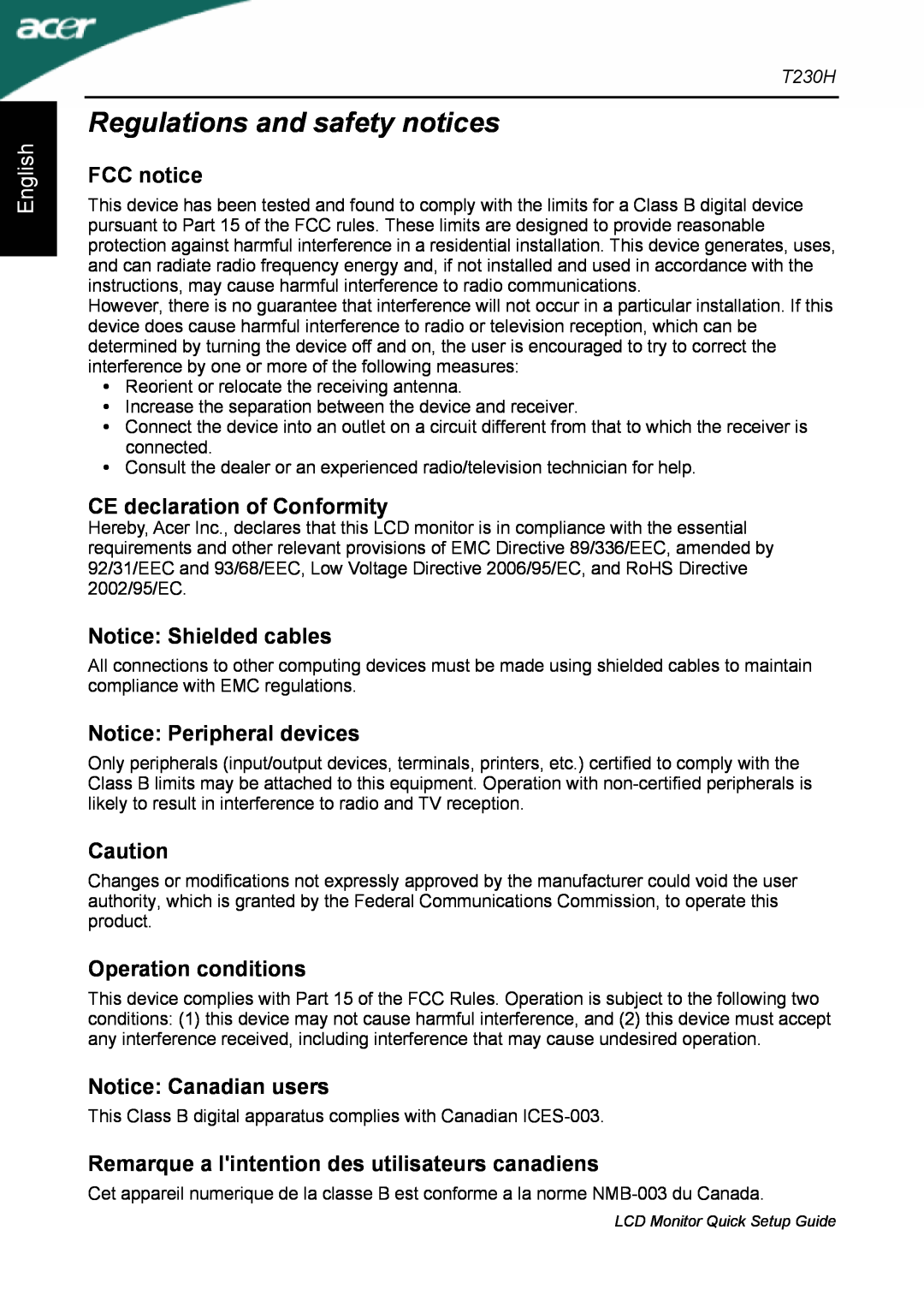 Acer T230H Regulations and safety notices, English, FCC notice, CE declaration of Conformity, Notice Shielded cables 