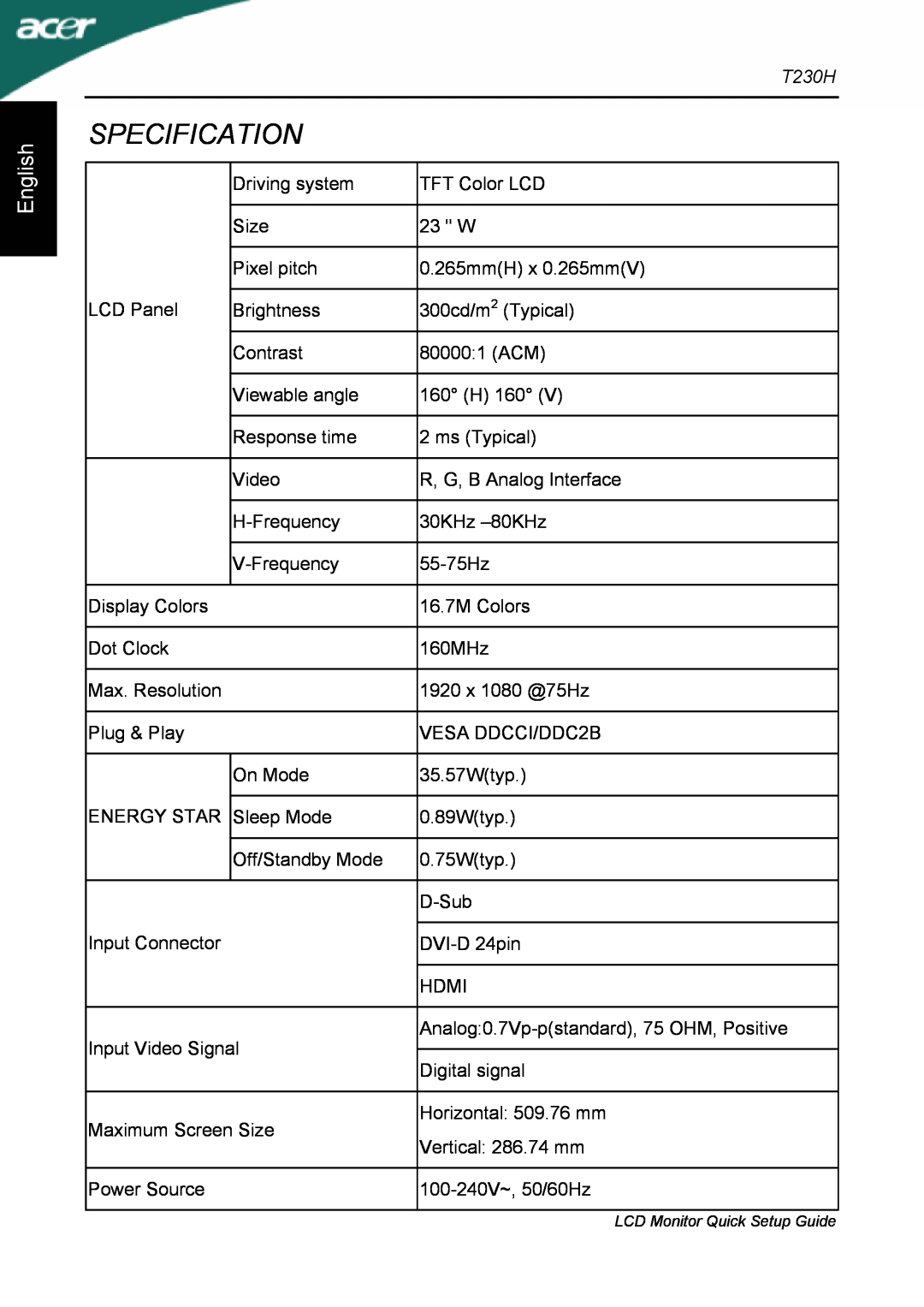 Acer T230H setup guide Specification, English 
