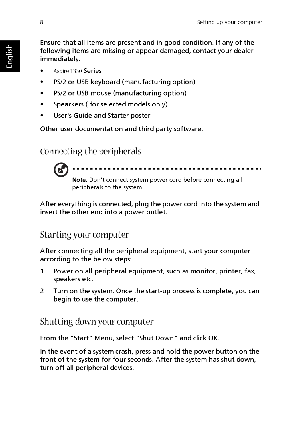 Acer T330 manual Connecting the peripherals, Starting your computer, Shutting down your computer 