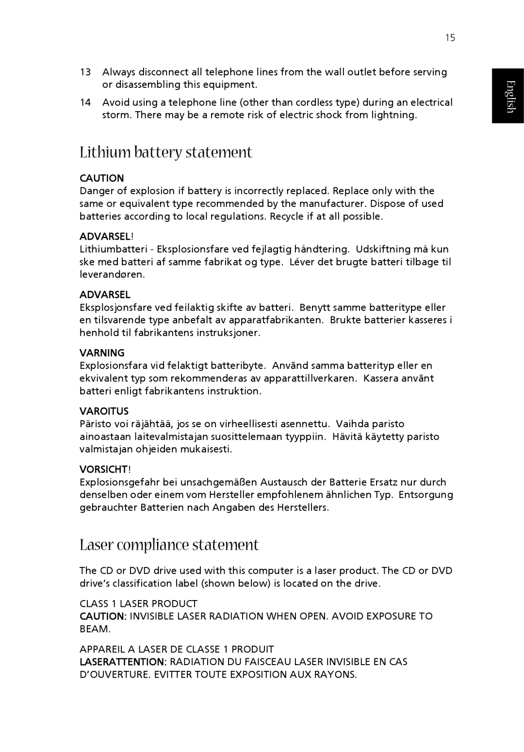 Acer T330 manual Lithium battery statement, Laser compliance statement 