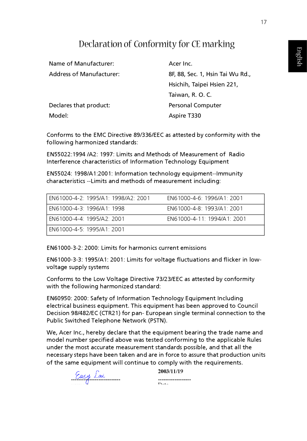 Acer T330 manual Declaration of Conformity for CE marking 