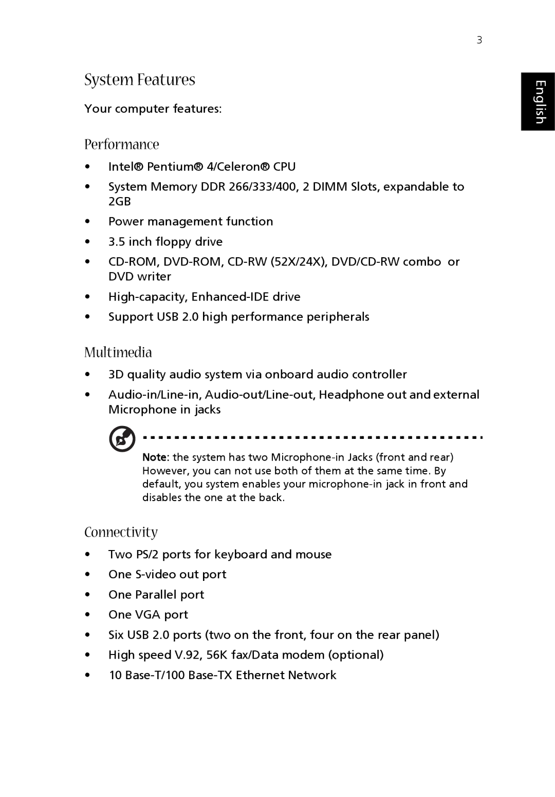 Acer T330 manual System Features, Performance, Multimedia, Connectivity 