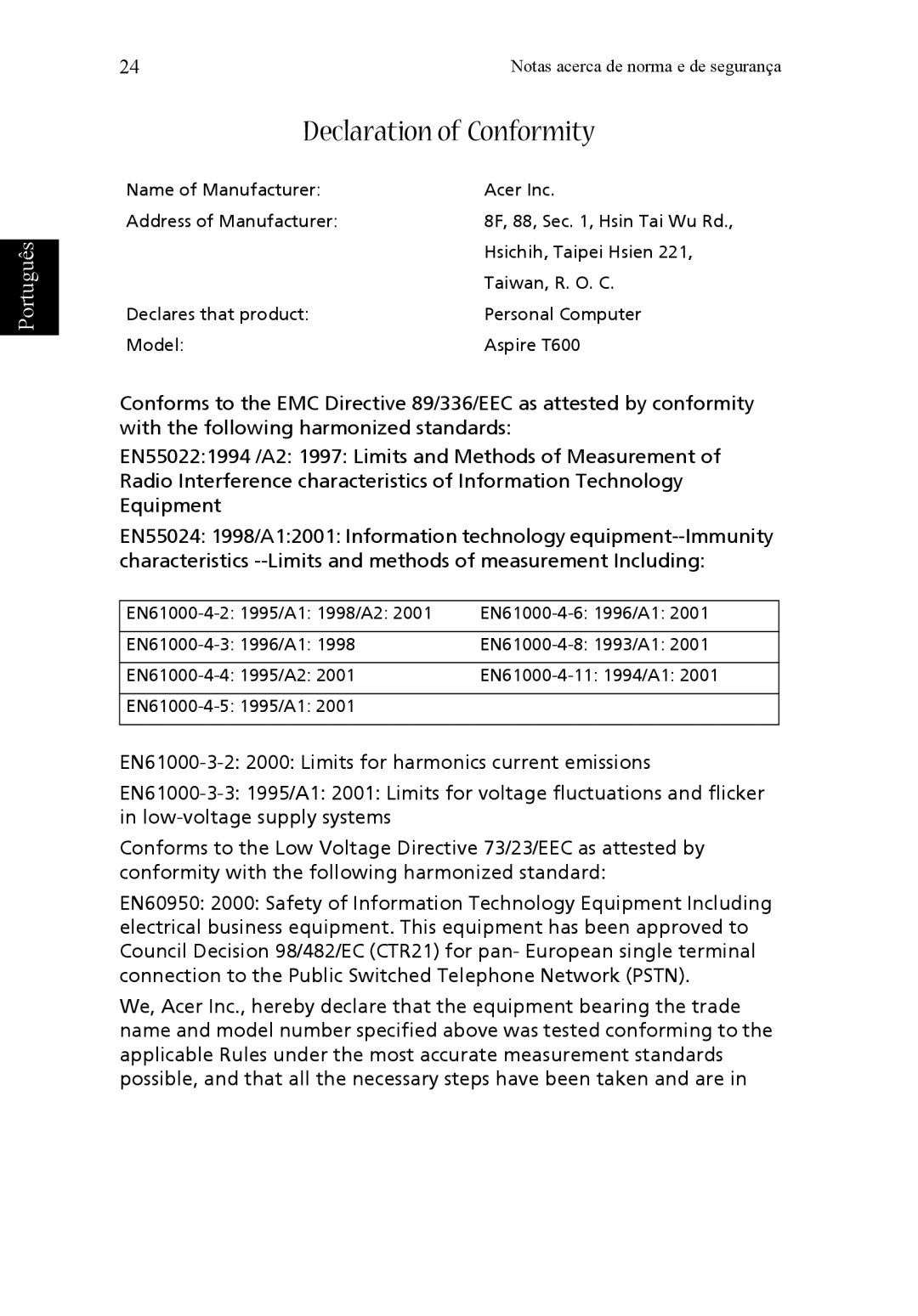 Acer T600 manual do utilizador Declaration of Conformity 