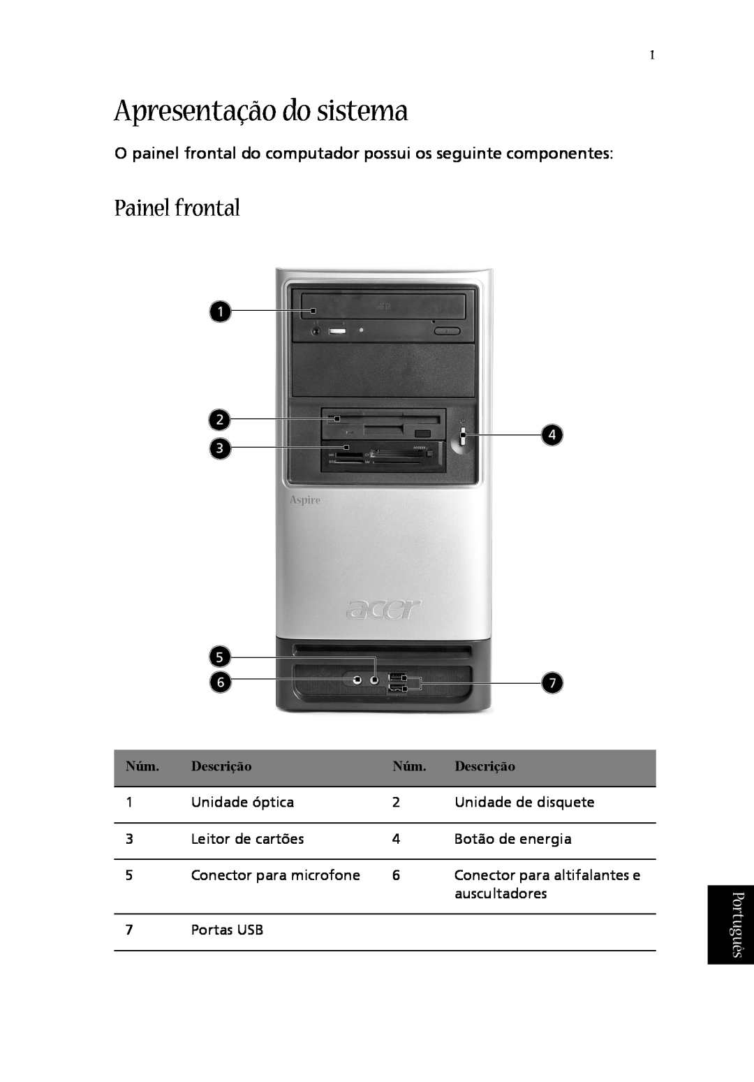 Acer T600 Apresentação do sistema, Painel frontal, Português, Descrição, Unidade óptica, Unidade de disquete, Portas USB 