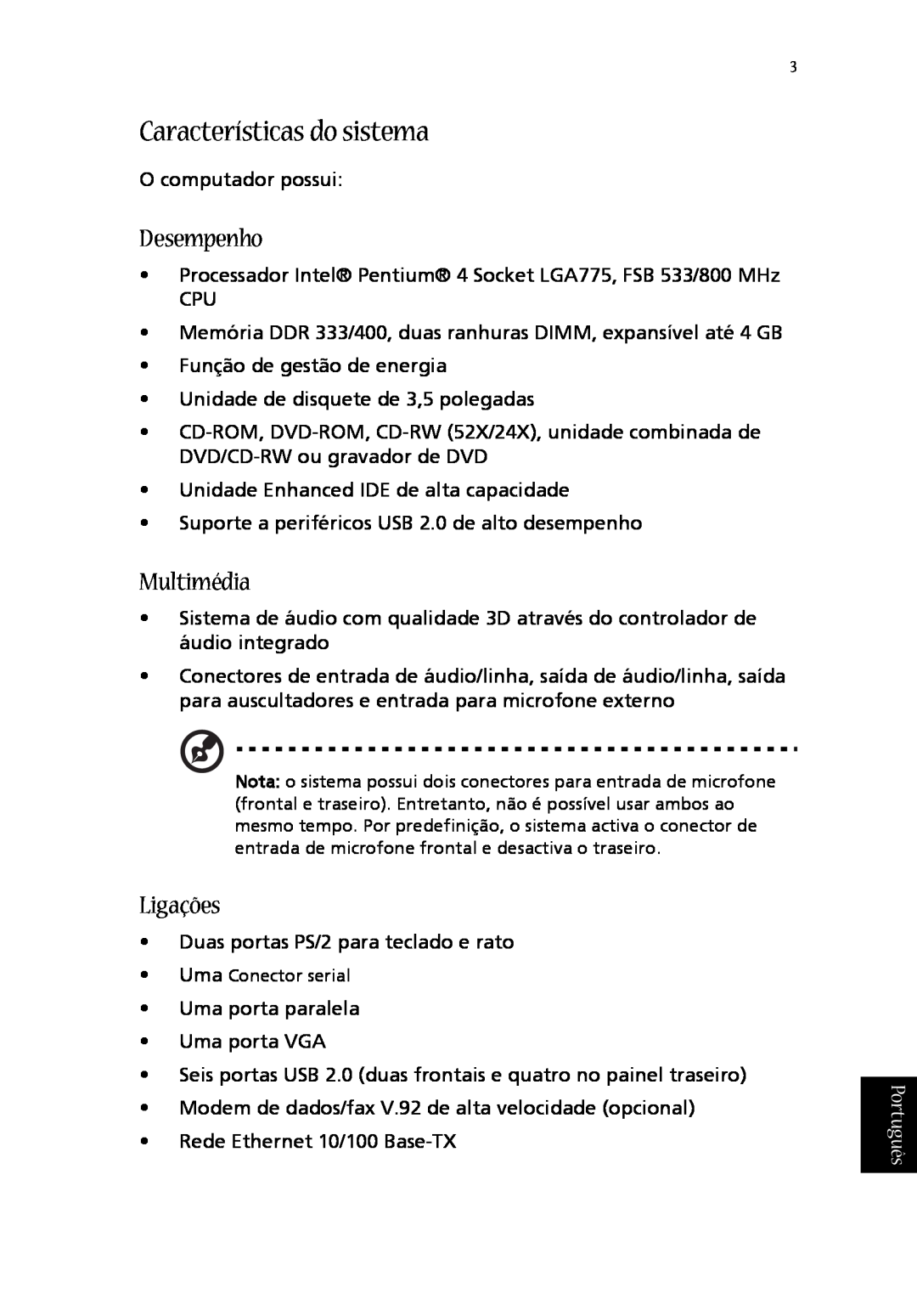 Acer T600 manual do utilizador Características do sistema, Desempenho, Multimédia, Ligações, Português 