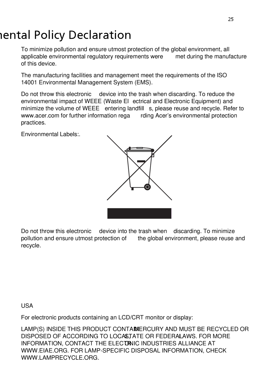 Acer T650A manual MenEnvironmental Policy Declaration 