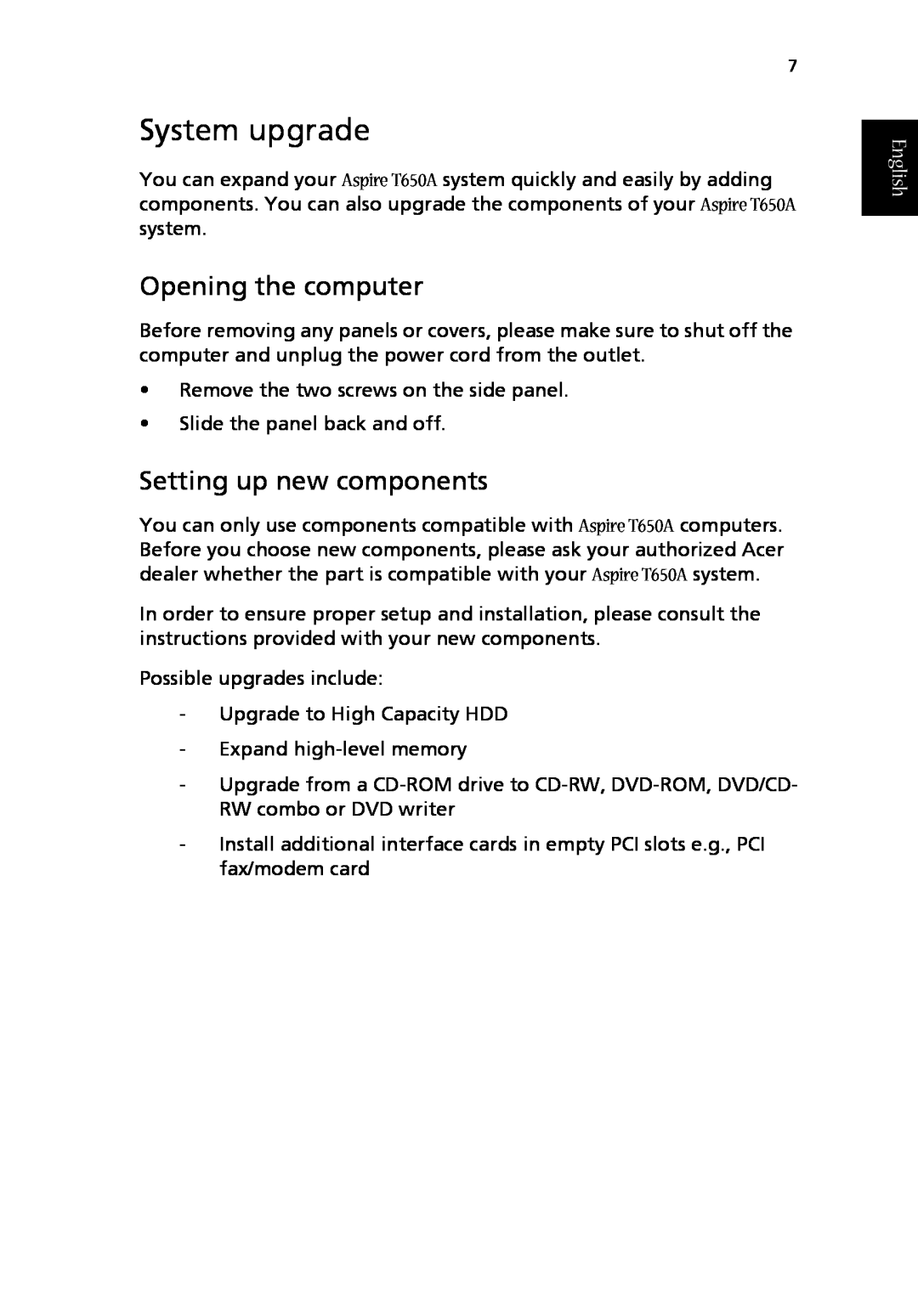 Acer T650A manual System upgrade, Opening the computer, Setting up new components, English 
