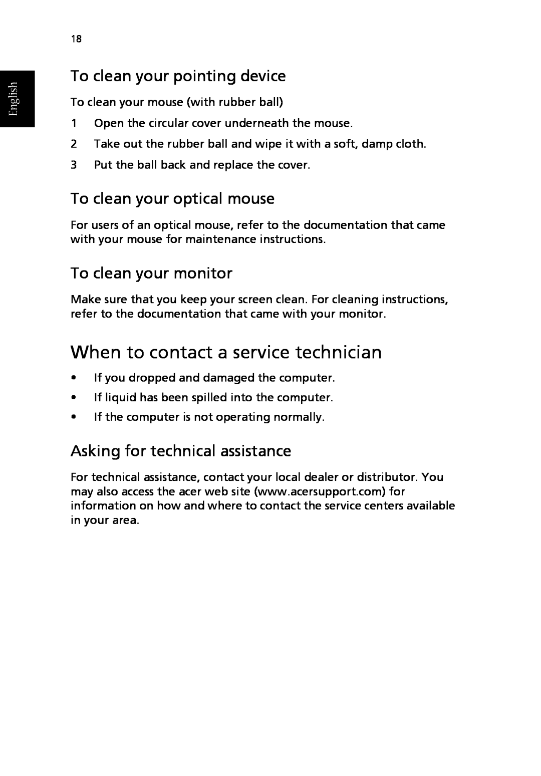 Acer T650A manual When to contact a service technician, To clean your pointing device, To clean your optical mouse, English 