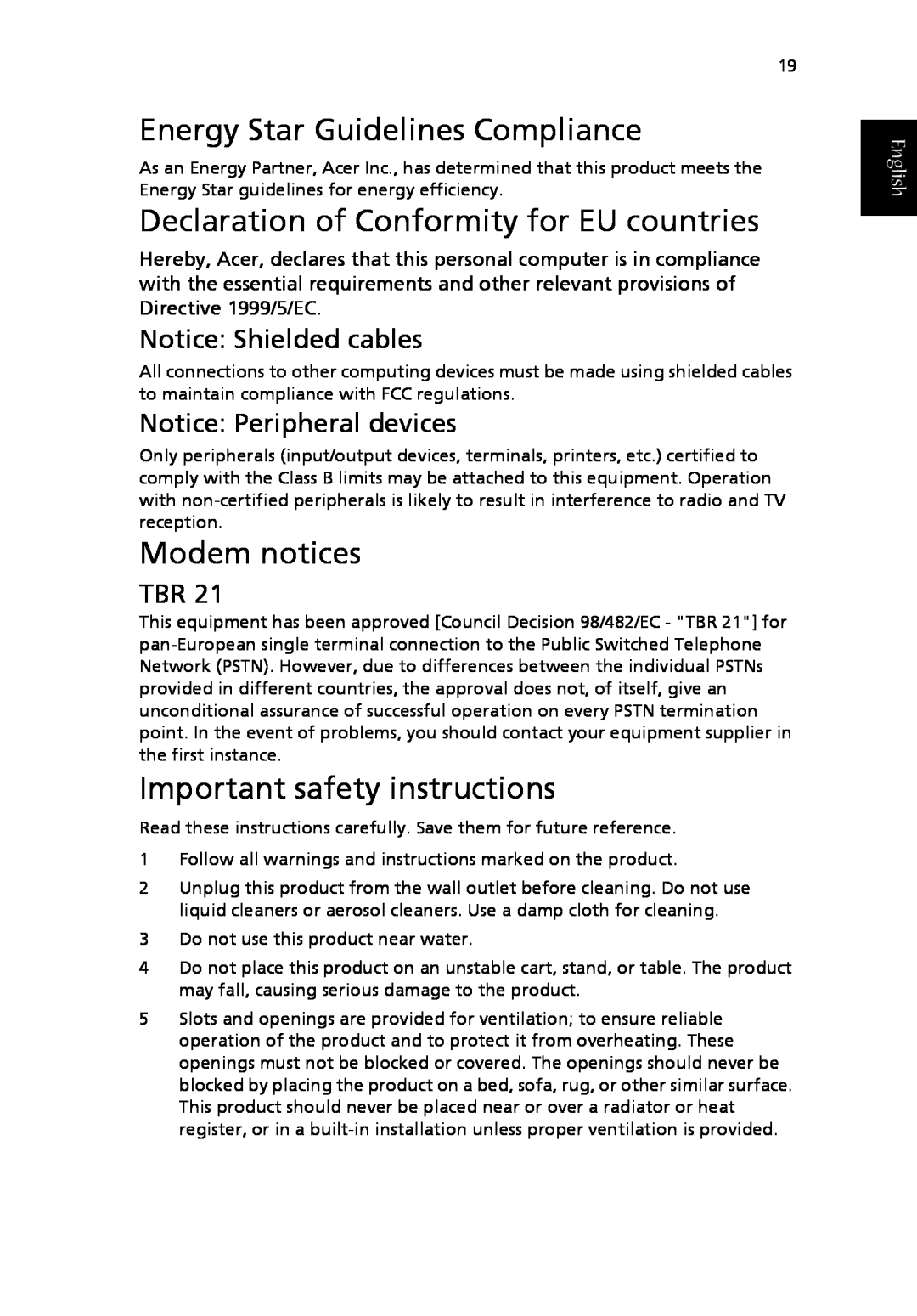 Acer T650A manual Energy Star Guidelines Compliance, Declaration of Conformity for EU countries, Modem notices, English 