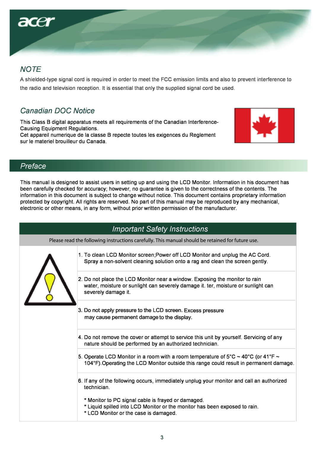 Acer TCO03 installation instructions Canadian DOC Notice, Preface, Important Safety Instructions 