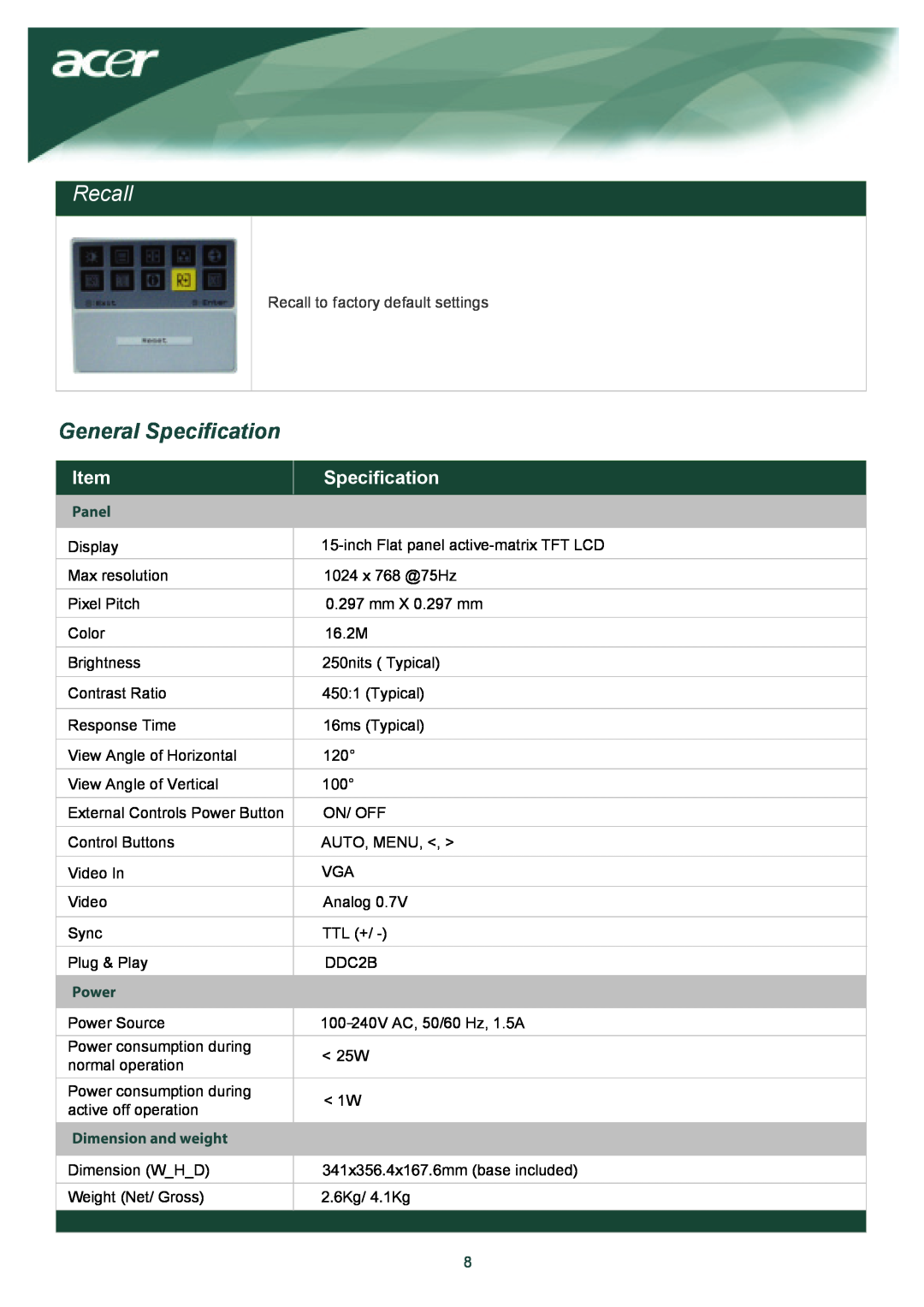Acer TCO03 installation instructions Recall, General Specification 