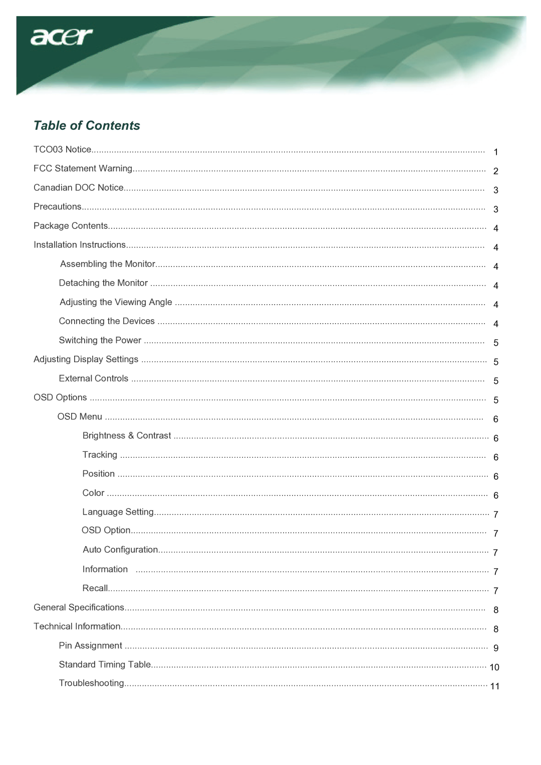 Acer TCO03 installation instructions Table of Contents 