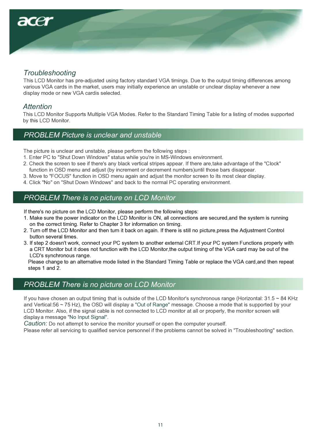 Acer TCO03 Troubleshooting, Problem Picture is unclear and unstable, Problem There is no picture on LCD Monitor 