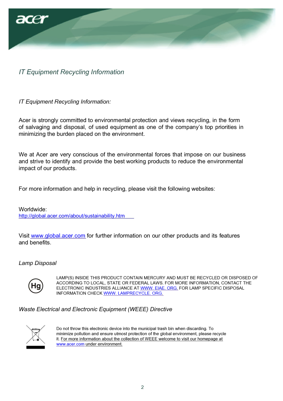 Acer TCO03 installation instructions IT Equipment Recycling Information 