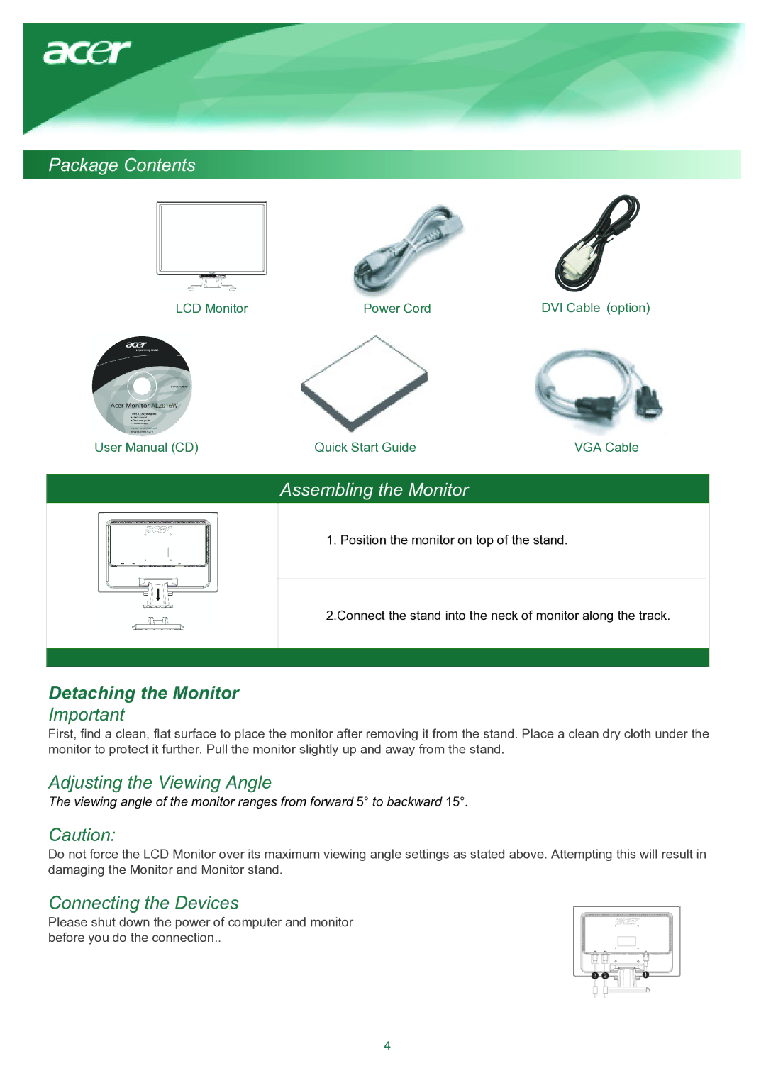 Acer TCO03 installation instructions Package Contents, Assembling the Monitor 