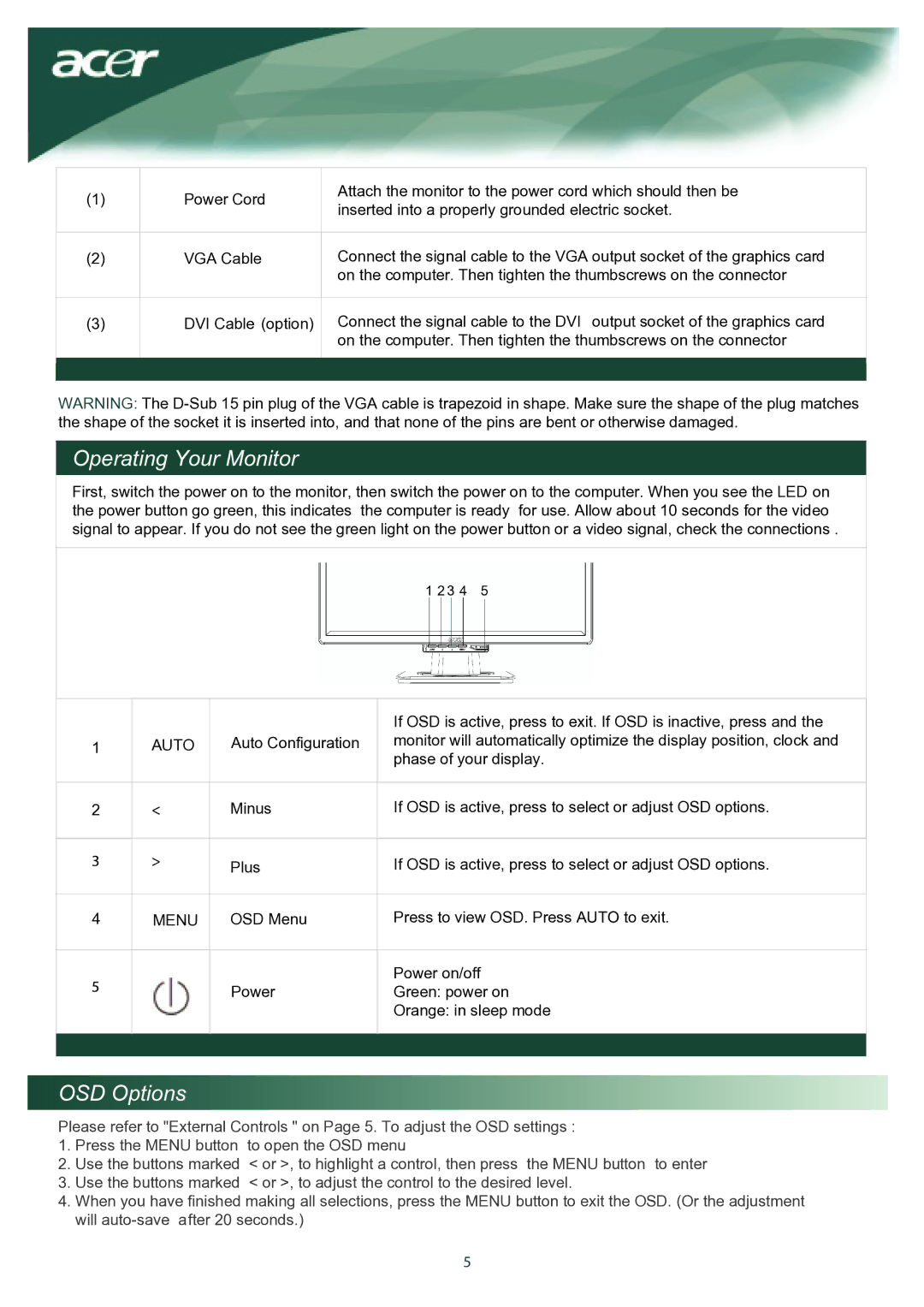 Acer TCO03 installation instructions Operating Your Monitor, OSD Options 