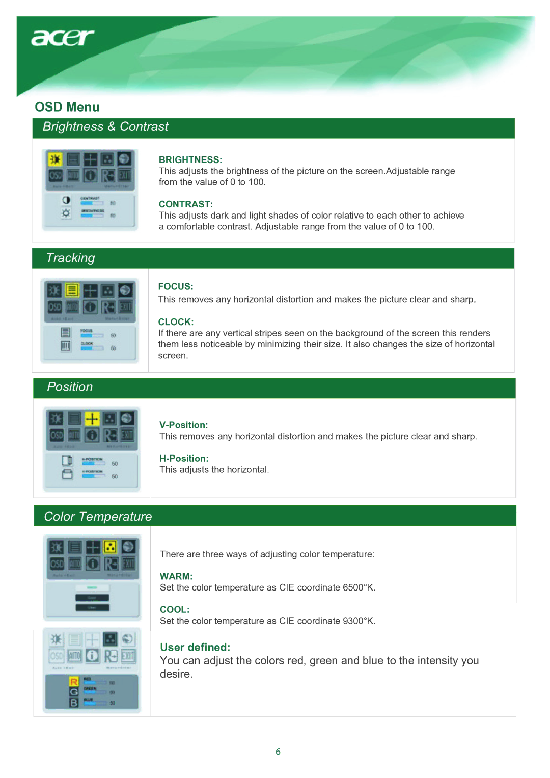 Acer TCO03 installation instructions Brightness & Contrast, Tracking, Position, Color Temperature 