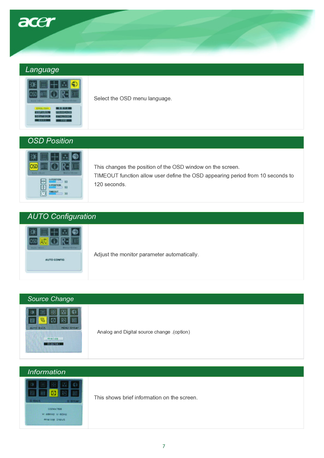 Acer TCO03 installation instructions Language, OSD Position, Auto Configuration 