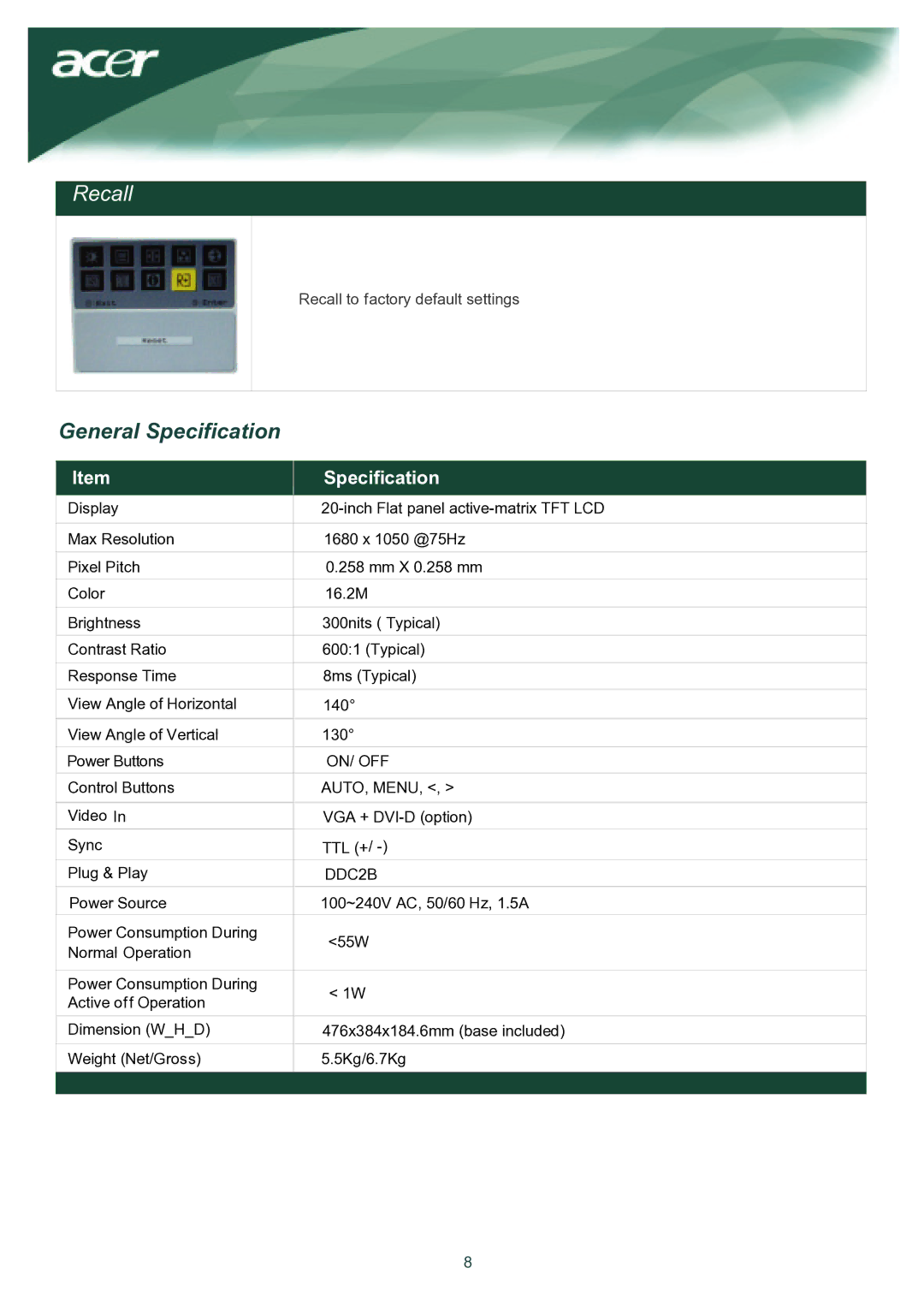 Acer TCO03 installation instructions Recall, General Specification 