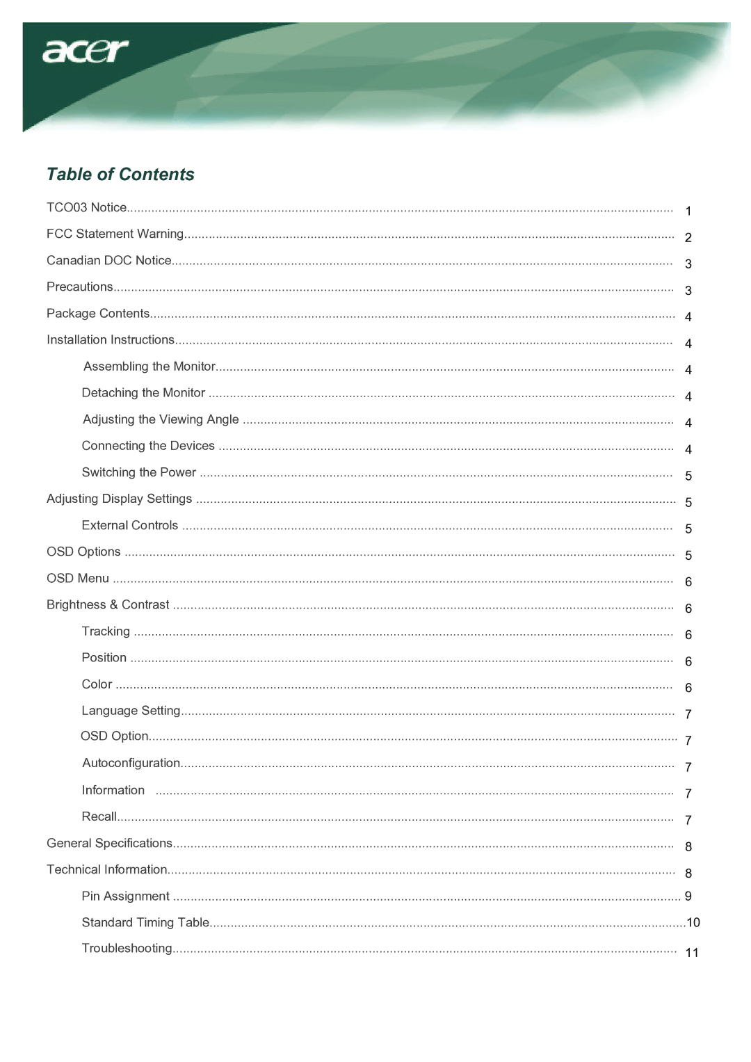 Acer TCO03 installation instructions Table of Contents 