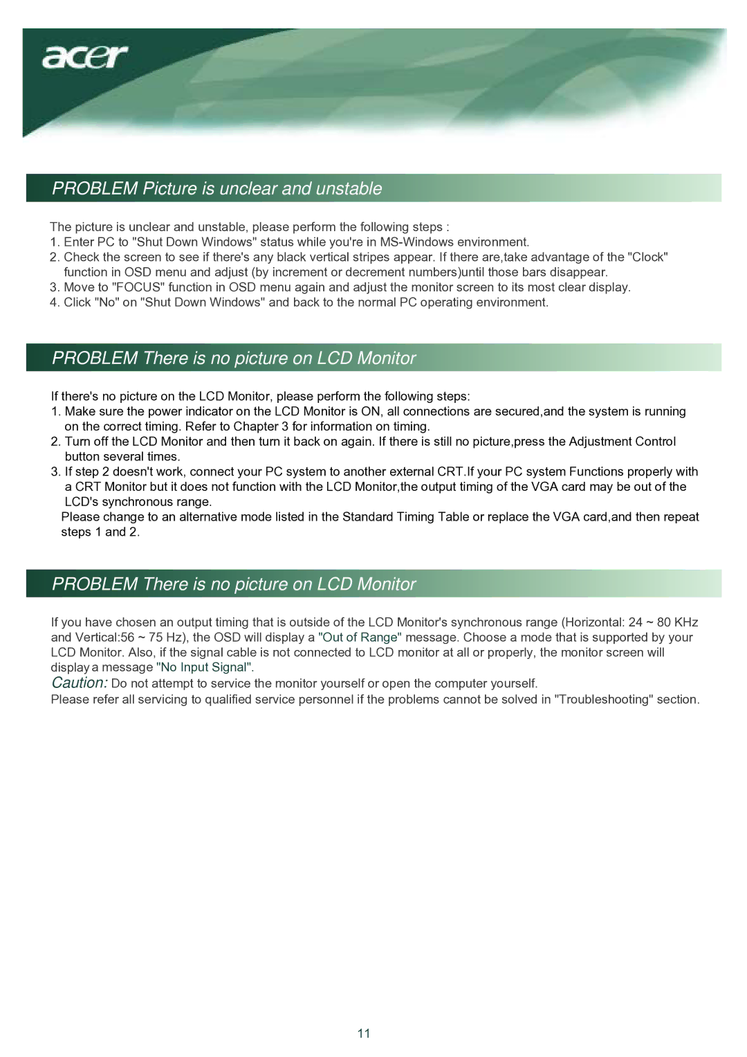 Acer TCO03 installation instructions Problem Picture is unclear and unstable, Problem There is no picture on LCD Monitor 