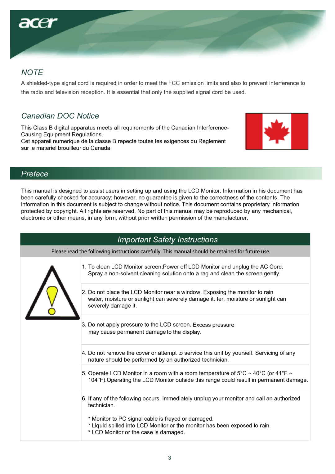 Acer TCO03 installation instructions Canadian DOC Notice, Preface, Important Safety Instructions 