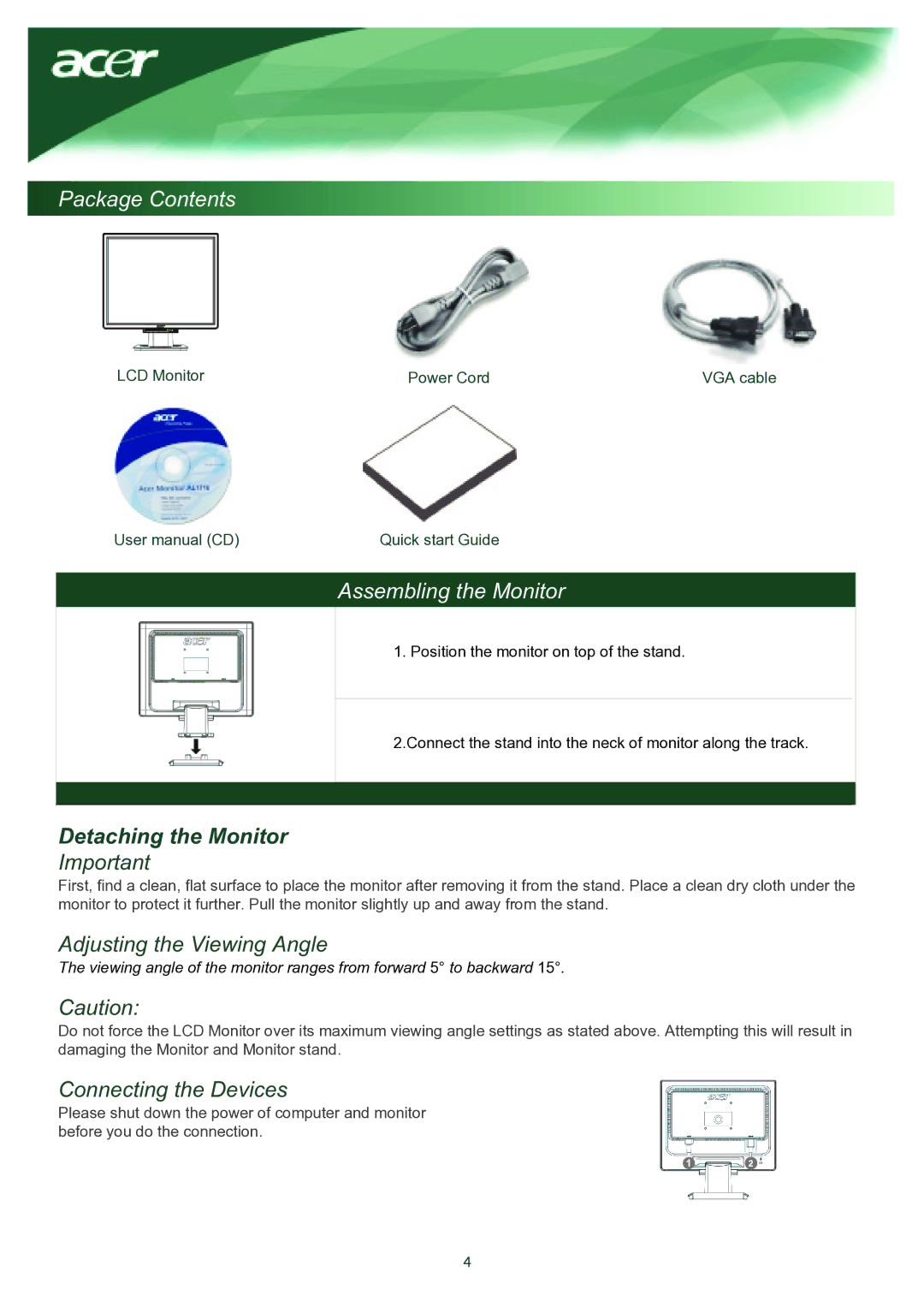 Acer TCO03 Package Contents, Assembling the Monitor, Adjusting the Viewing Angle, Connecting the Devices 