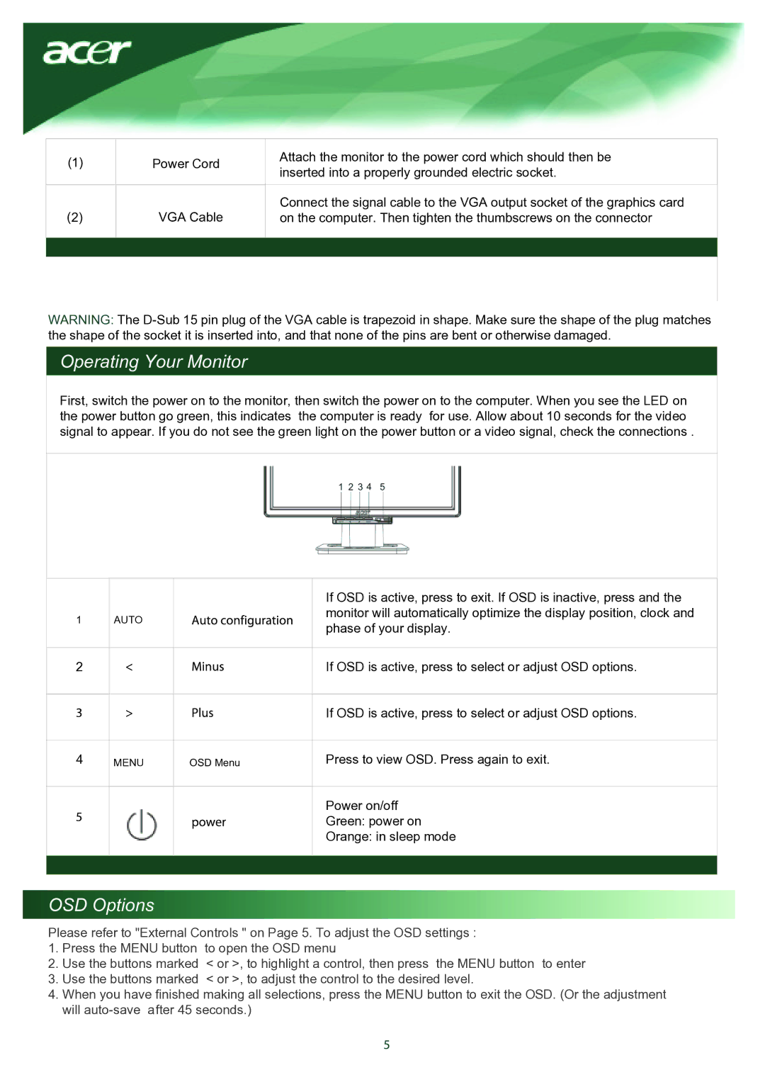 Acer TCO03 installation instructions Operating Your Monitor, OSD Options 