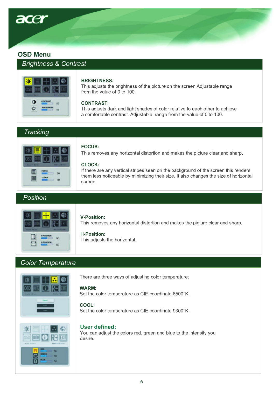 Acer TCO03 installation instructions Brightness & Contrast, Tracking, Position, Color Temperature 