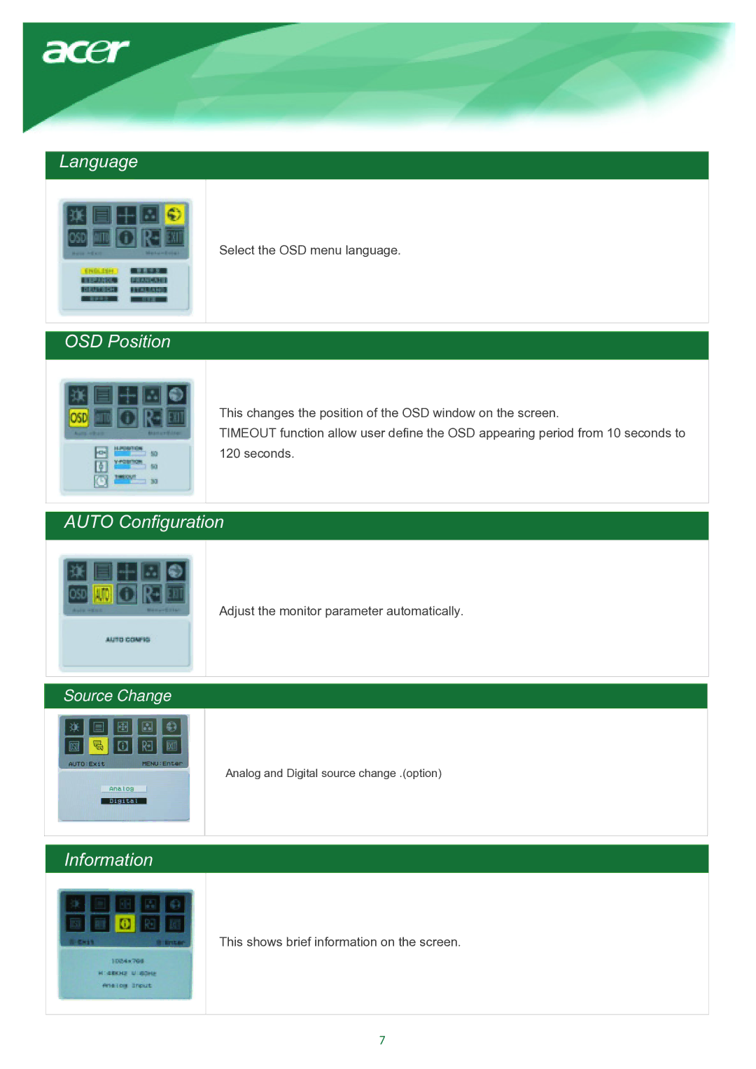 Acer TCO03 installation instructions Language, OSD Position, Auto Configuration, Information 