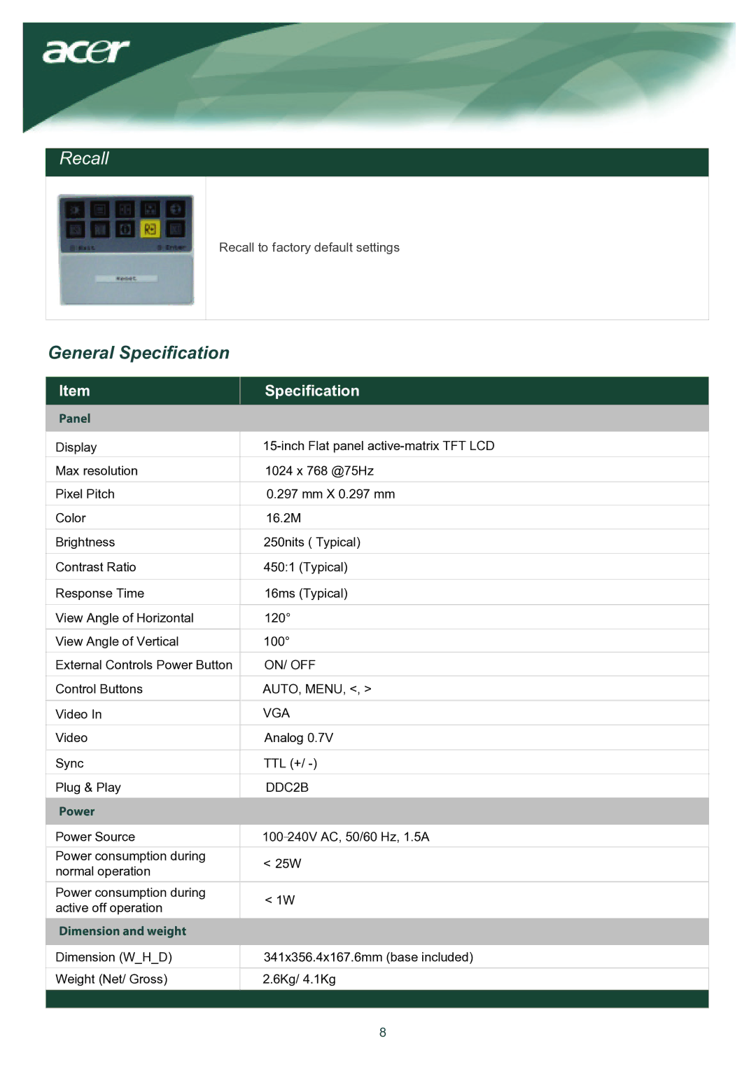 Acer TCO03 installation instructions Recall, General Specification 