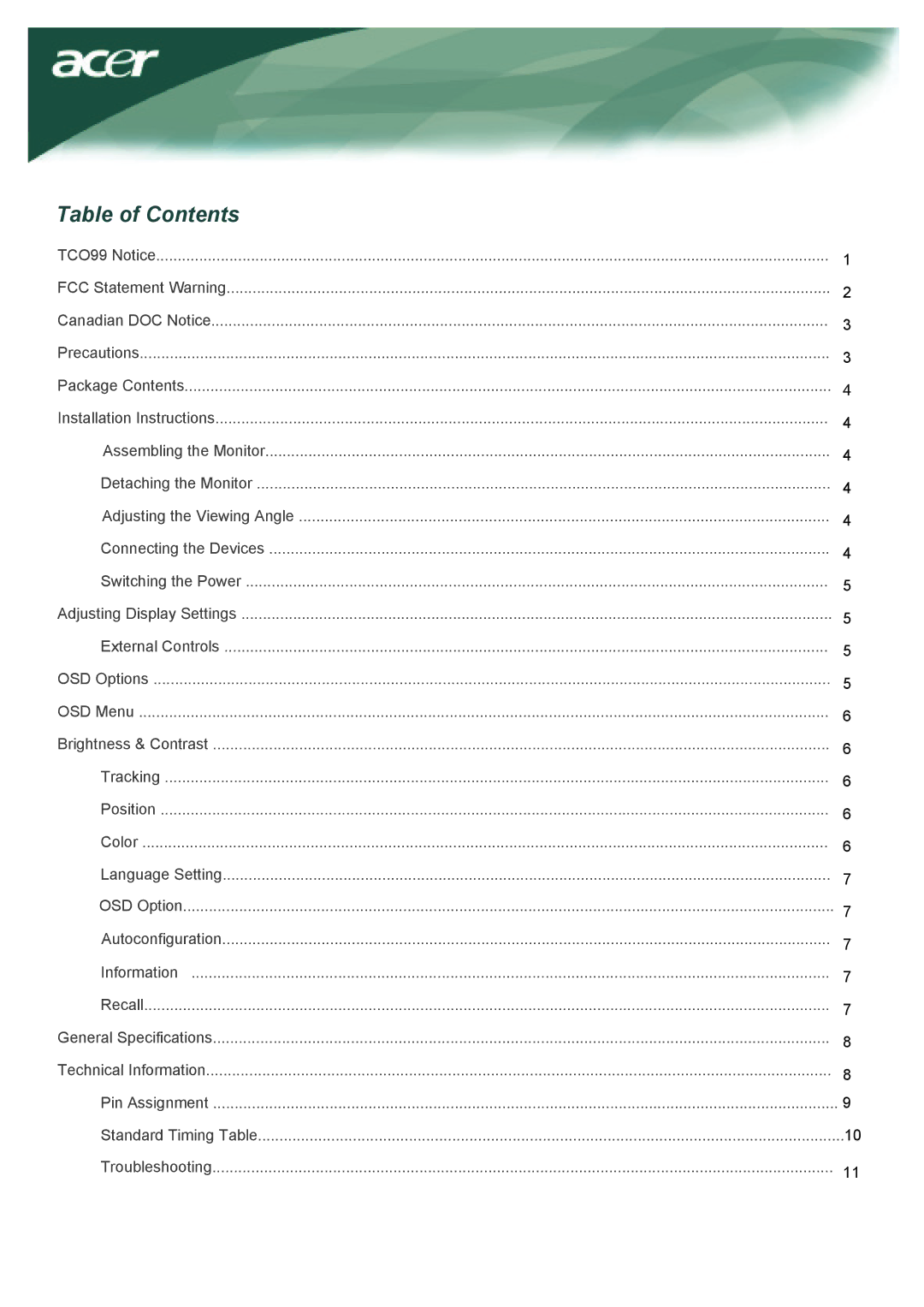 Acer TCO99 installation instructions Table of Contents 