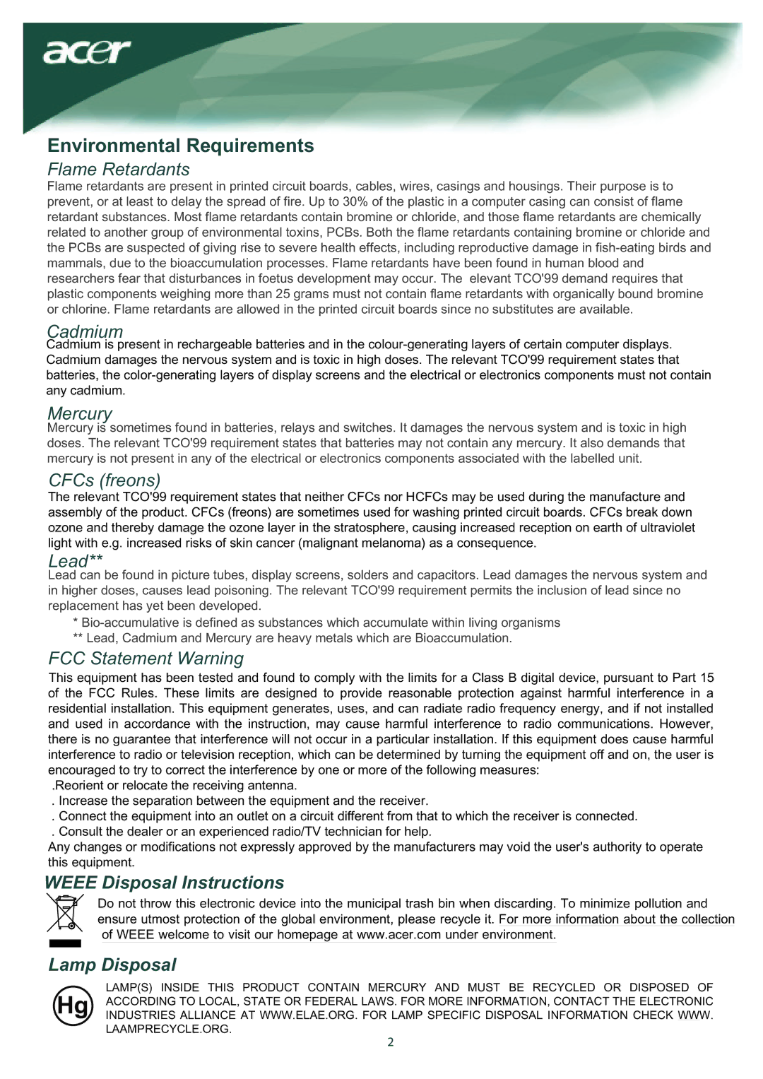 Acer TCO99 installation instructions Flame Retardants, Cadmium, Mercury, CFCs freons, Lead, FCC Statement Warning 