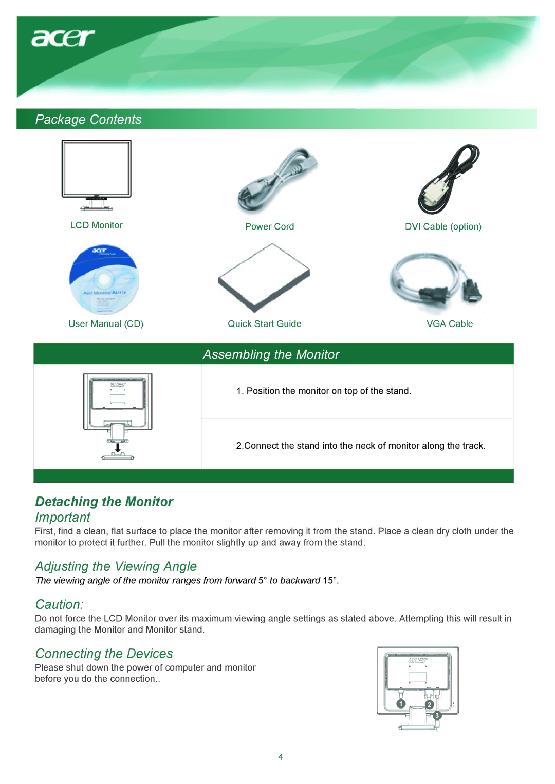 Acer TCO99 installation instructions Package Contents, Assembling the Monitor 