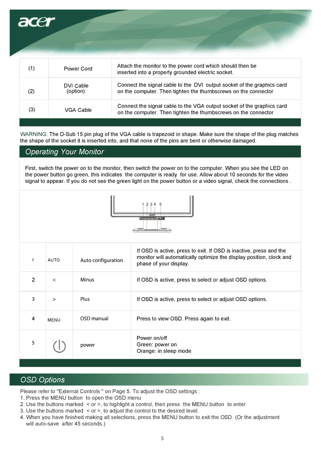 Acer TCO99 installation instructions Operating Your Monitor, OSD Options 