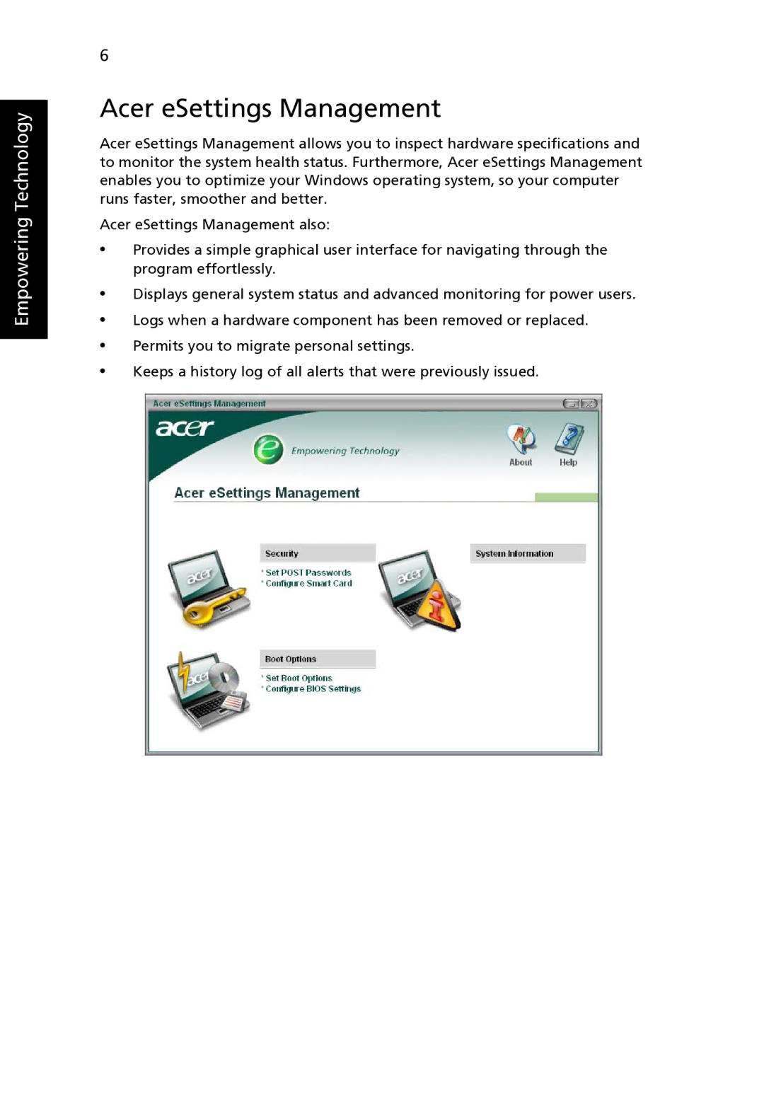 Acer TravelMate 2420 manual Acer eSettings Management 